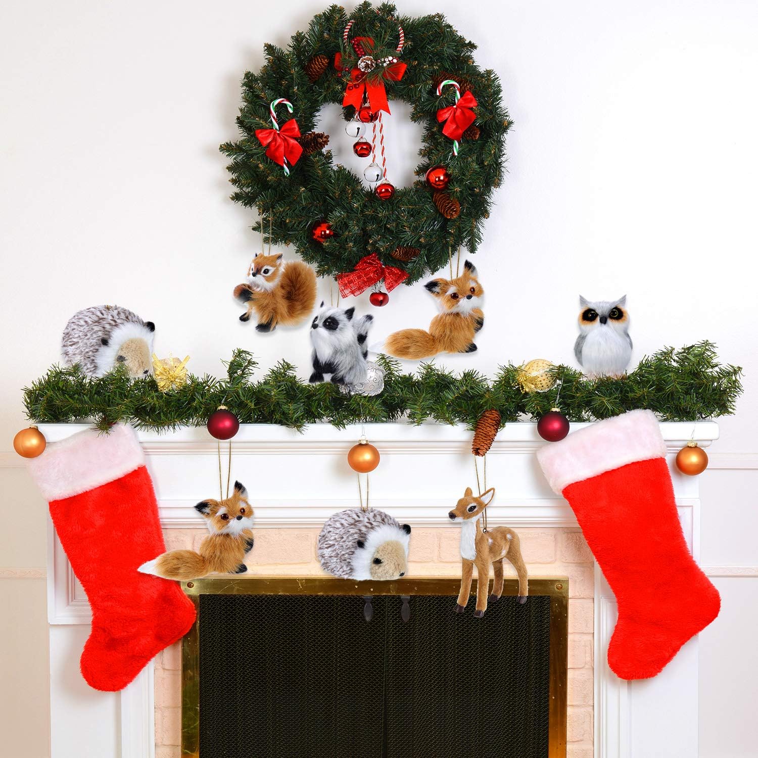 WILLBOND 6 piezas de animales de peluche, piel de bosque, animal peludo, adorno colgante de Navidad para decoración del árbol de Navidad