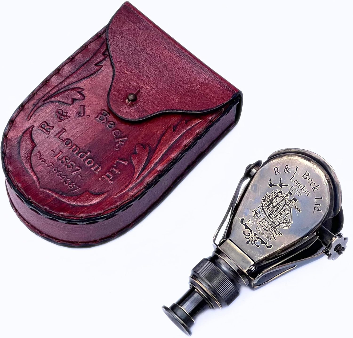 Náutico latón antiguo pequeño monocular marino vintage R & J Beck Londres 1857 Logo Binoculares para actividades al aire libre Colección del hogar