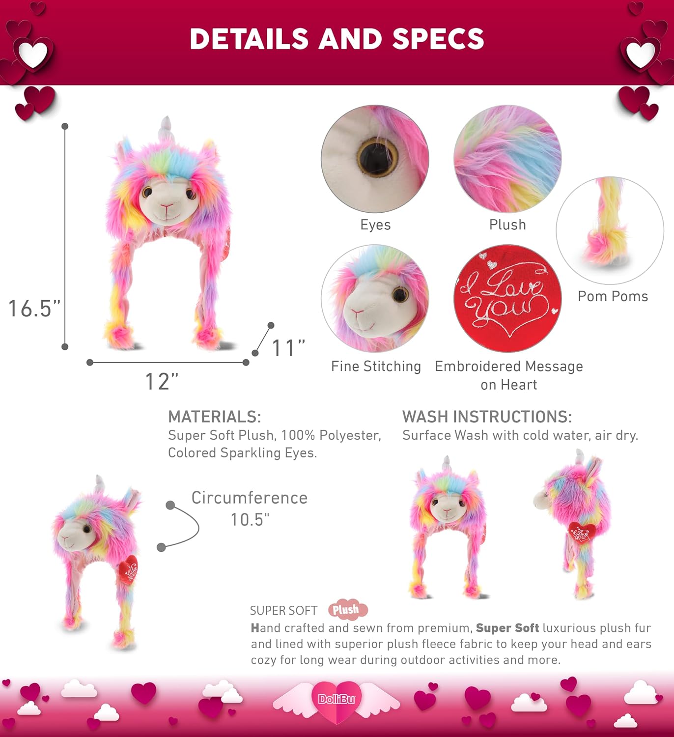 DolliBu Sombrero de peluche con texto en inglés “I Love You” de San Valentín, bonito animal de peluche con corazón rojo y nombre, regalo