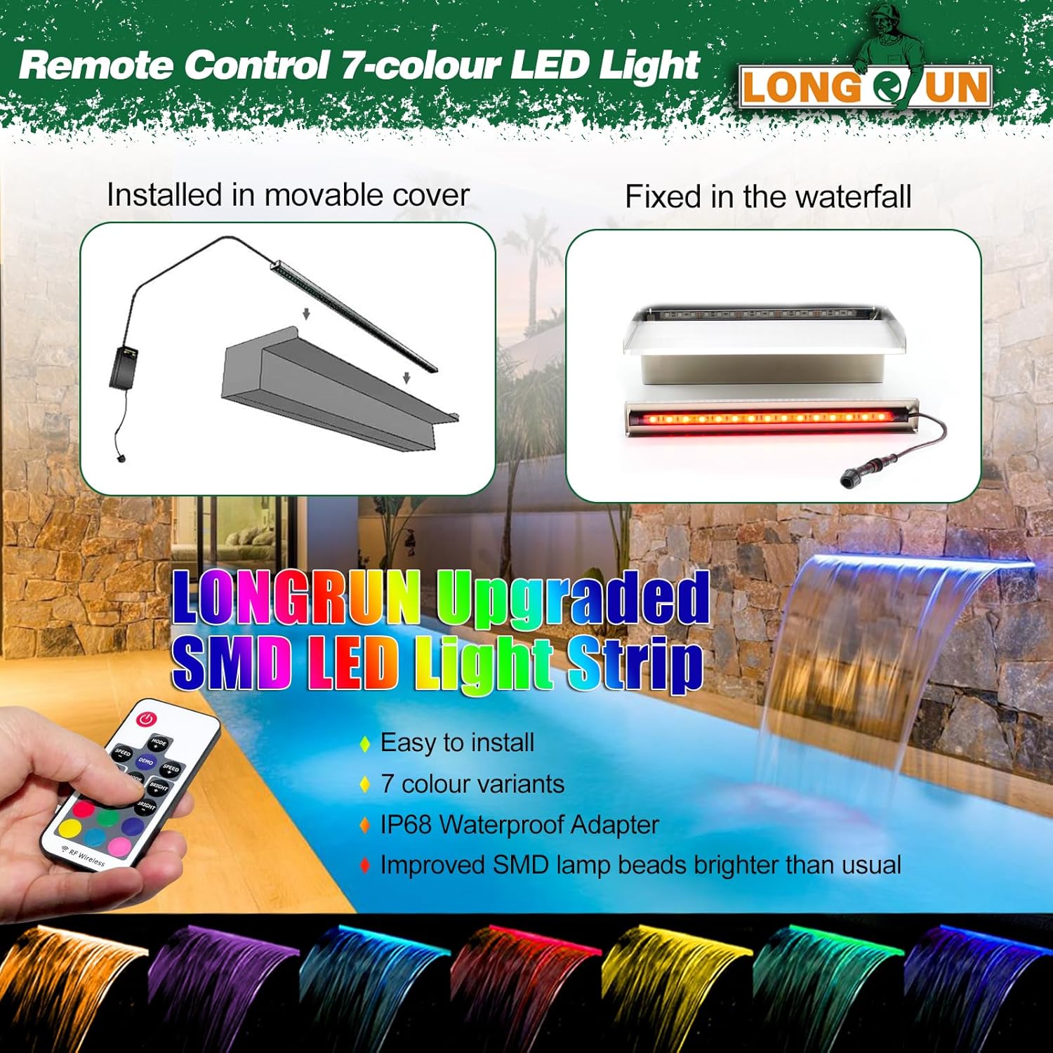 LONGRUN Cascadas de estanque de acero inoxidable con luz LED que cambia de color, fuente de piscina al aire libre, kit de cascada para jardín,