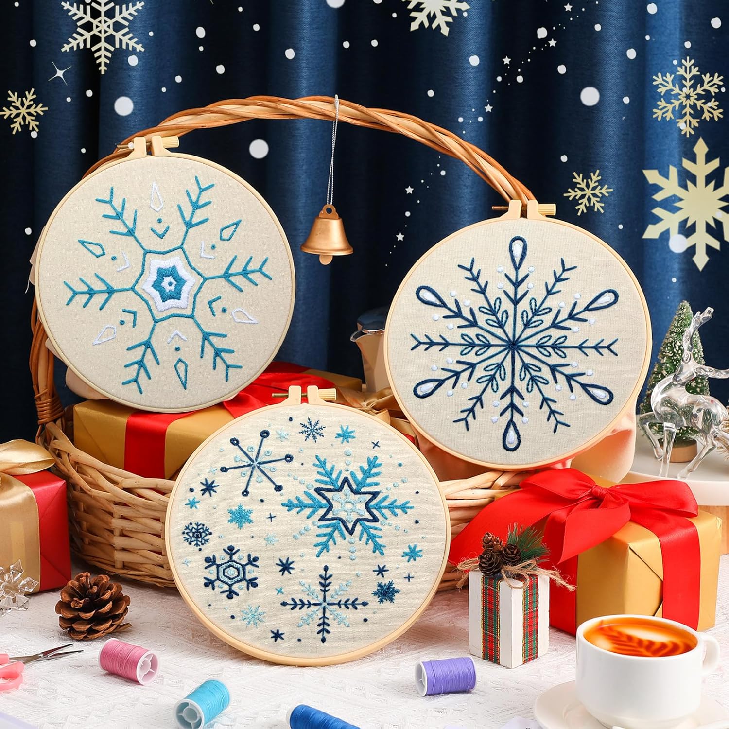 Yuxung Juego de 5 juegos de iniciación de bordado navideño con patrón de copo de nieve, kits de bordado de invierno para principiantes, gama