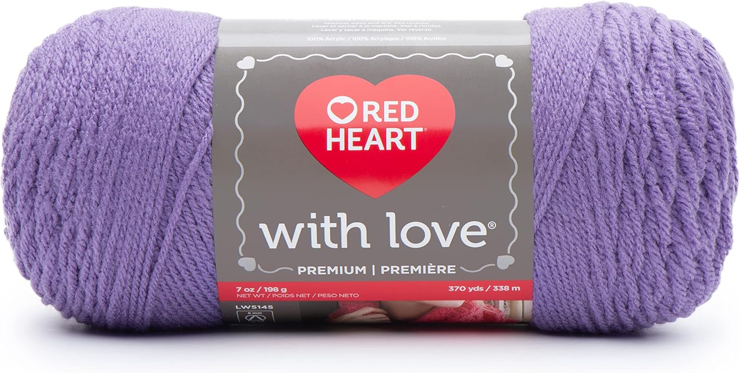 Red Heart with Love – Hilo lila  Paquete de 3 unidades de 6.98 oz7 onzas  Acrílico  4 medianos (peinado)  370 yardas  Tejidoganchillo