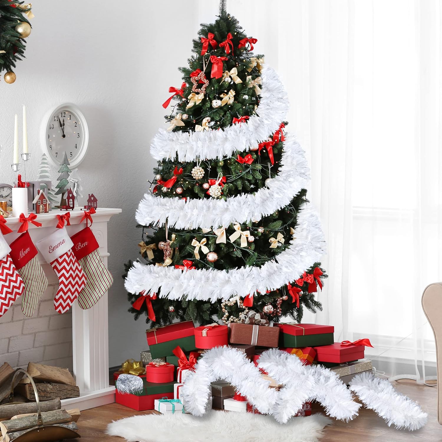 Sggvecsy Guirnalda de oropel blanca de Navidad de 49.2 pies, decoración de árbol de Navidad, guirnalda metálica giratoria para colgar en el techo,