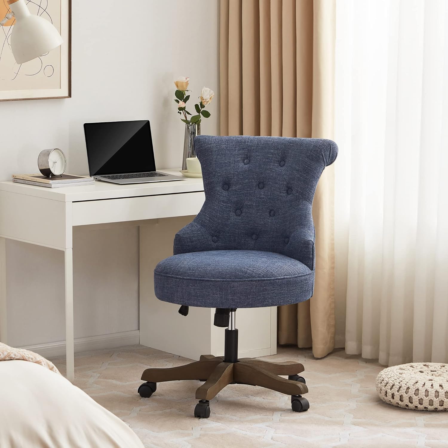 Home Office Chair Adjustable Height Swivel Chair with Wheels Linen Fabric Upholstered Computer Desk Chair with Wooden Legs Comfortable Armless Chair
