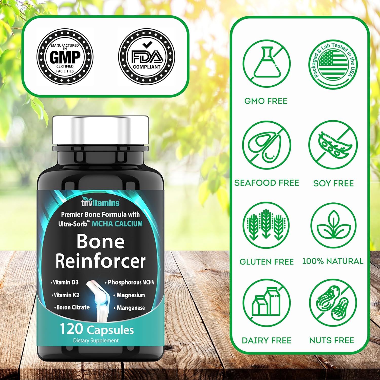 Reforzador óseo (120 cápsulas) Suplemento de calcio MCHA con vitamina D3, magnesio, vitamina K2, citrato de boro, MCHA fósforo y manganeso  Potente