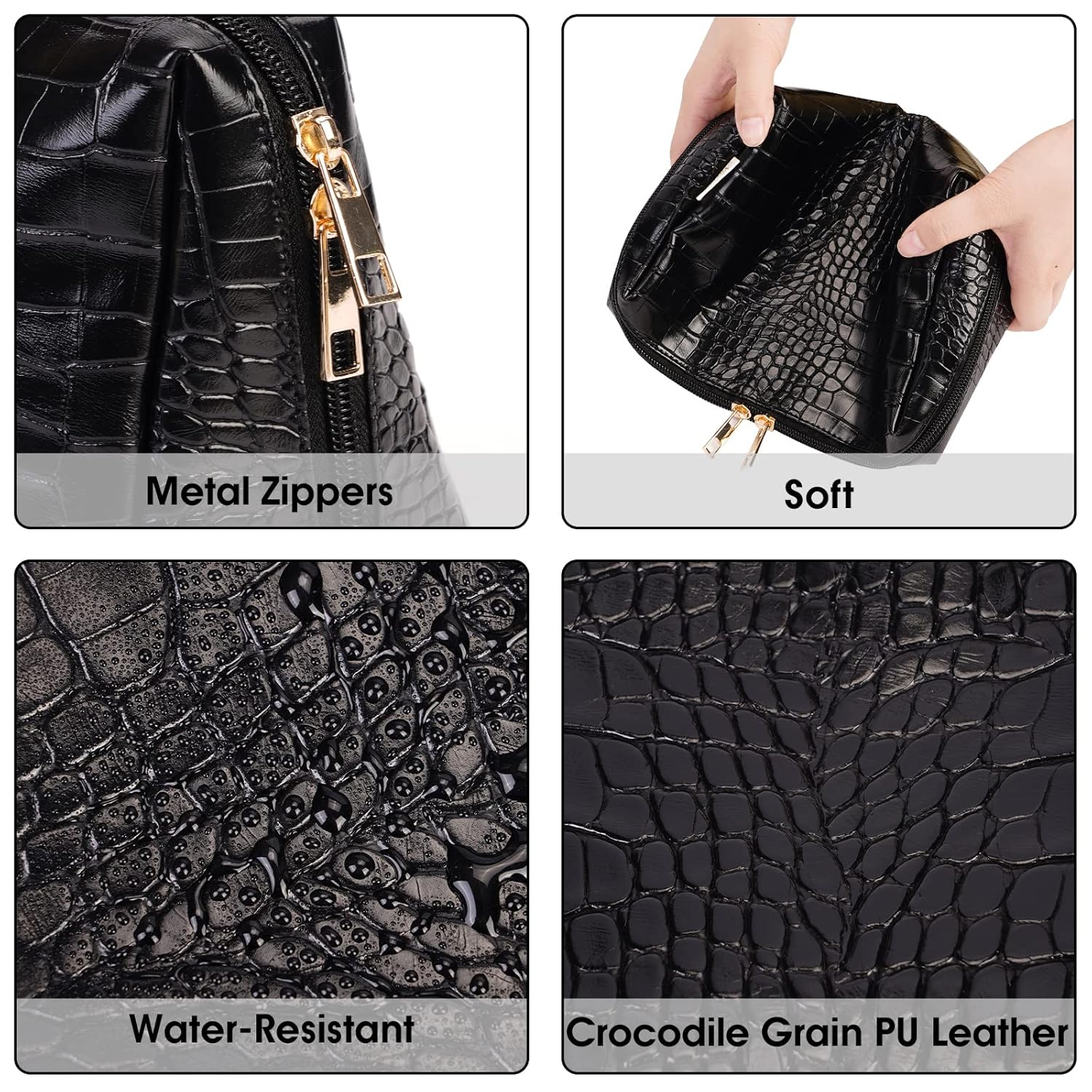 Narwey Bolsa grande de maquillaje de cuero vegano con cremallera, organizador de cosméticos de viaje para mujeres (grande, WX-negro)