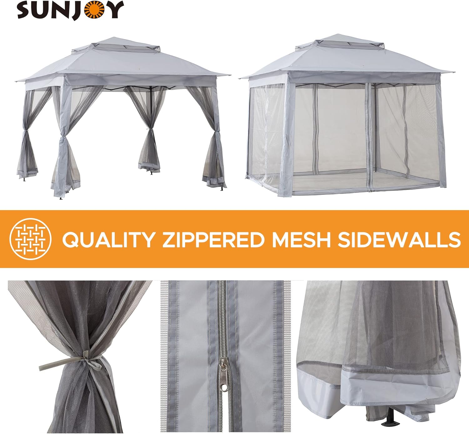 Sunjoy Cenador instantáneo desplegable de 11 x 11 pies, marco de acero portátil para exteriores, toldo superior de 2 niveles con malla y bolsa de