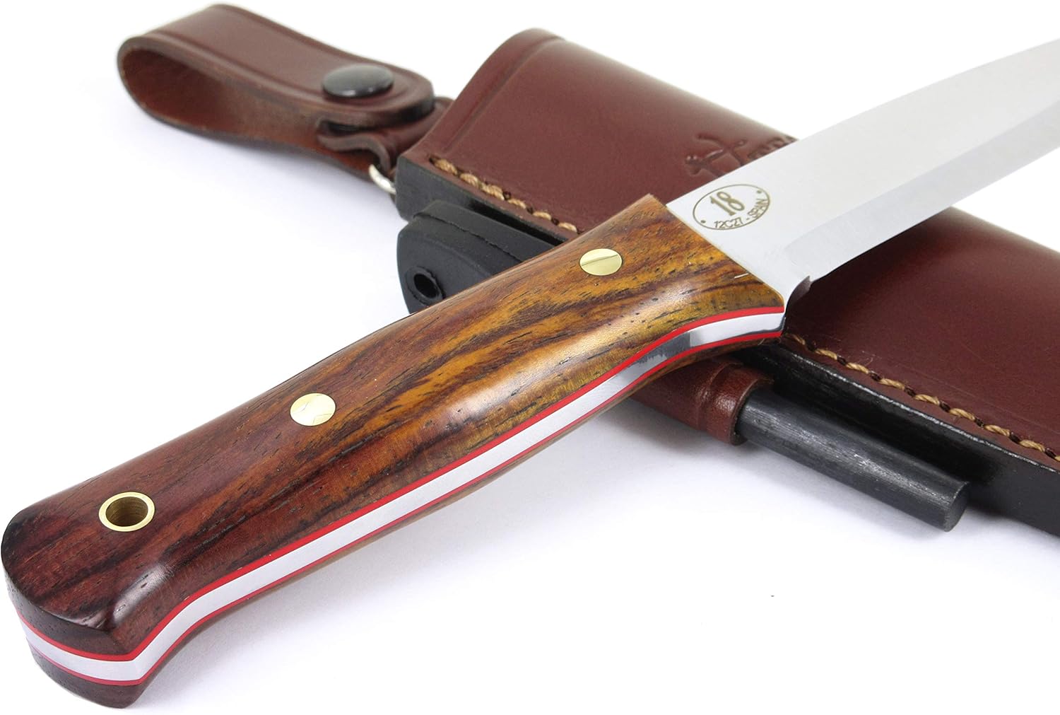 JEO-TEC N18 Bushcraft Survival Hunting – Cuchillo táctico de hoja fija, 9 pulgadas en total, mango de madera de cocobolo, funda de cuero +