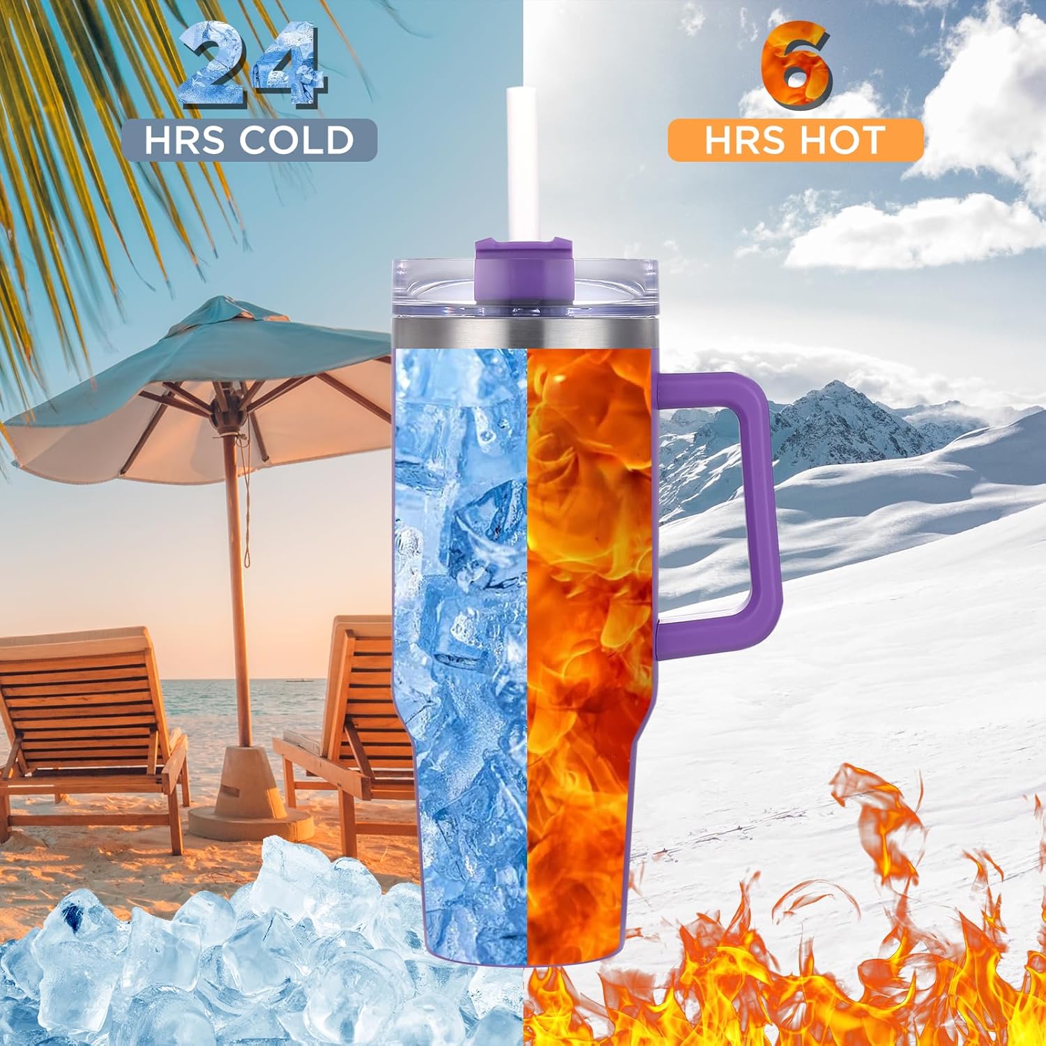Vaso prémium de 40 onzas con asa aislada de acero inoxidable, mantiene las bebidas calientesfrías durante 24 horas, tapa a prueba de derrames,