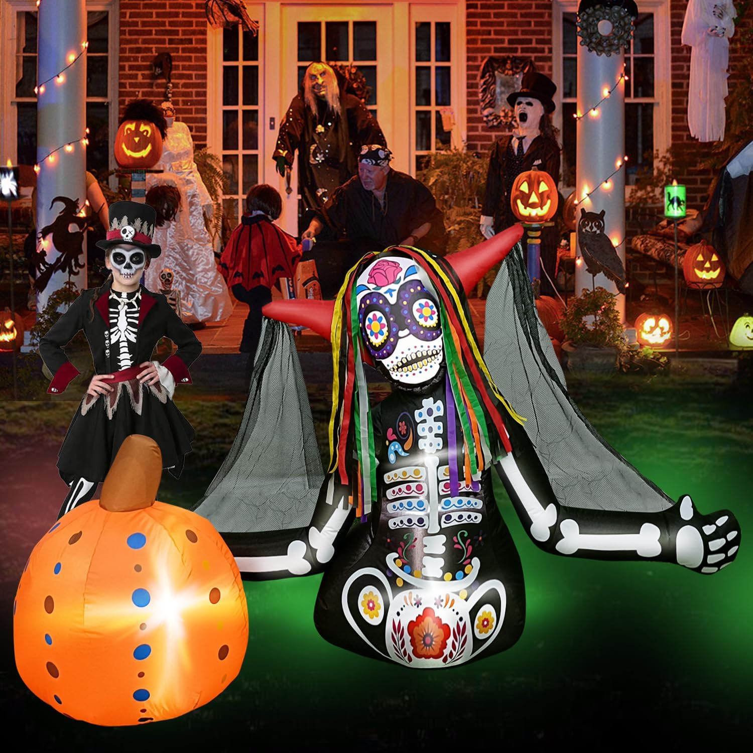 Inflables de Halloween de 6 pies, esqueleto zombi de calabaza, fantasma de mujer aterradora del día de los muertos, luces LED, a prueba de clima,