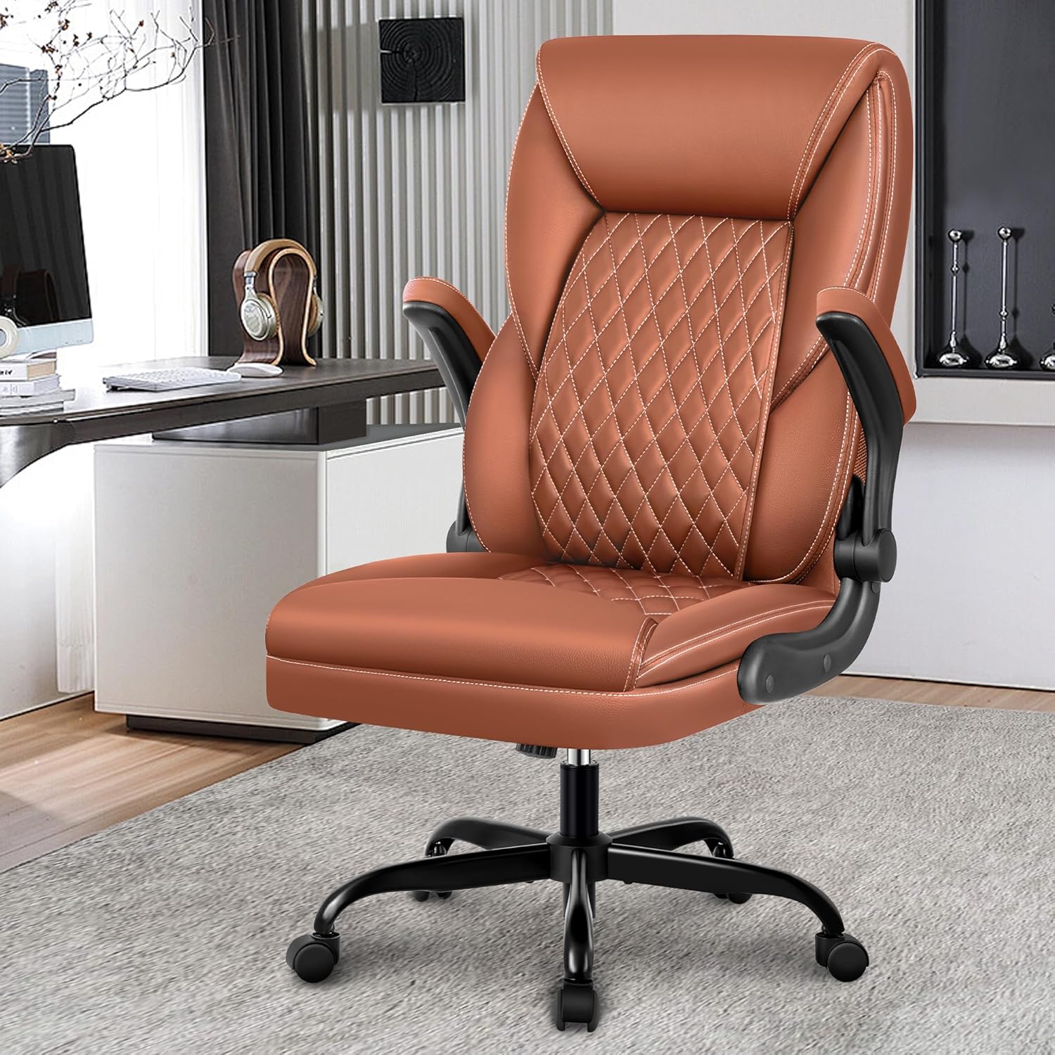 BestEra Silla de oficina ejecutiva, silla de oficina ergonómica de cuero grande y alta, sillas de escritorio de oficina en casa con brazos
