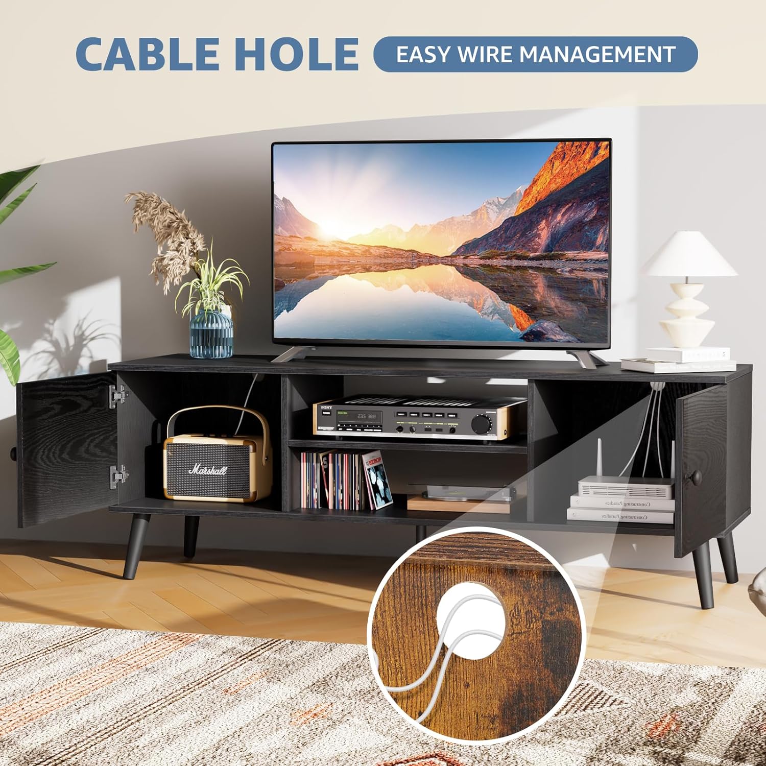 DUMOS Soporte de TV para TV de 55 y 60 pulgadas, centro de entretenimiento con gabinete de almacenamiento, mesa consola multimedia moderna de