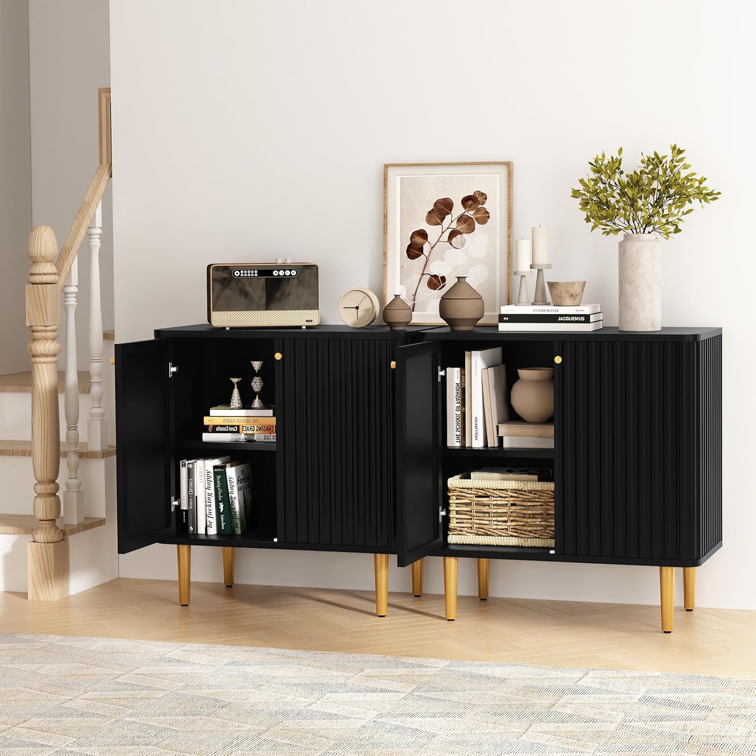 HLR Aparador de buffet con textura acanalada, gabinete de acento negro con puertas, armario de almacenamiento moderno de credenza para cocina, sala
