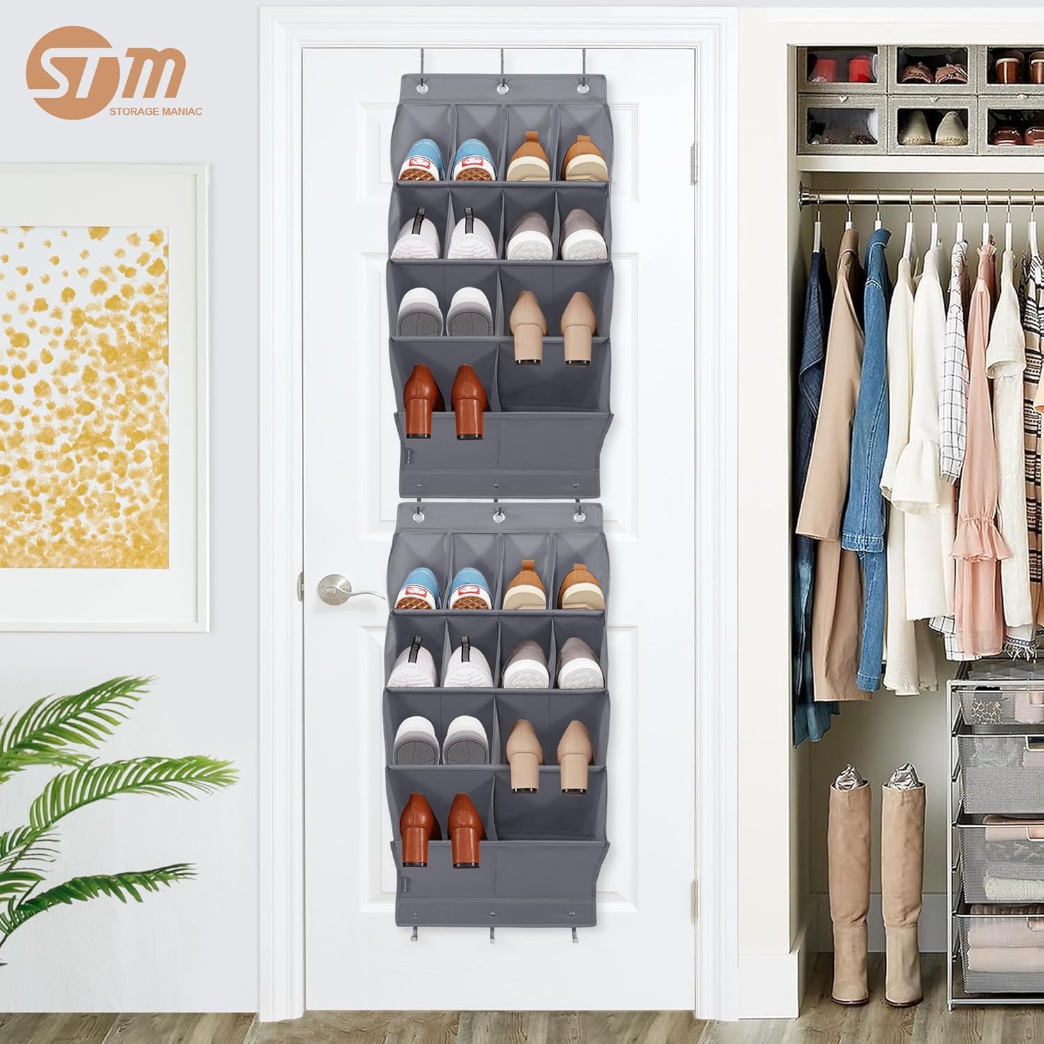 STORAGE MANIAC Organizador de zapatos para colgar sobre la puerta, paquete de 2 organizadores de zapatos colgantes, 8 bolsillos grandes y 4