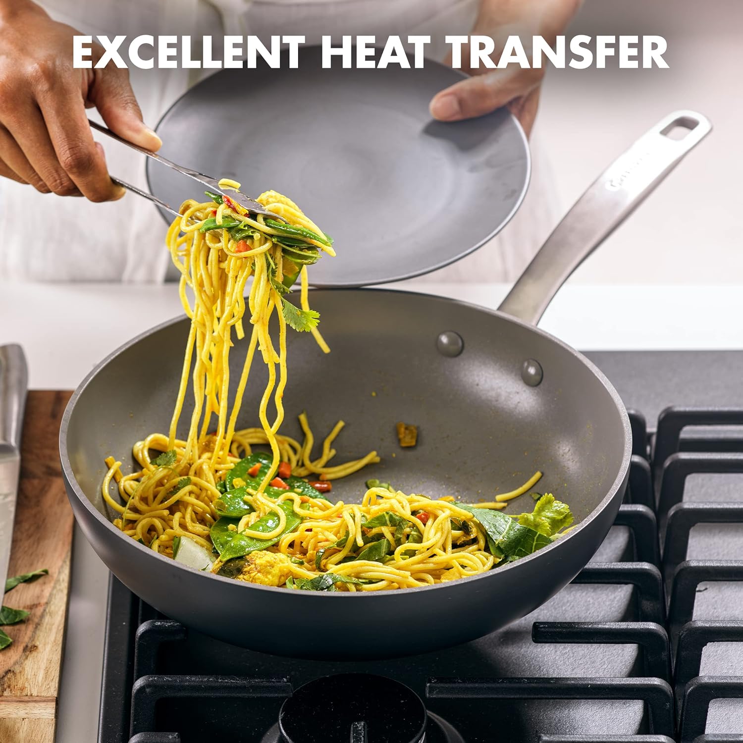 GreenPan Chatham – Wok antiadherente de cerámica saludable, 11 pulgadas, gris