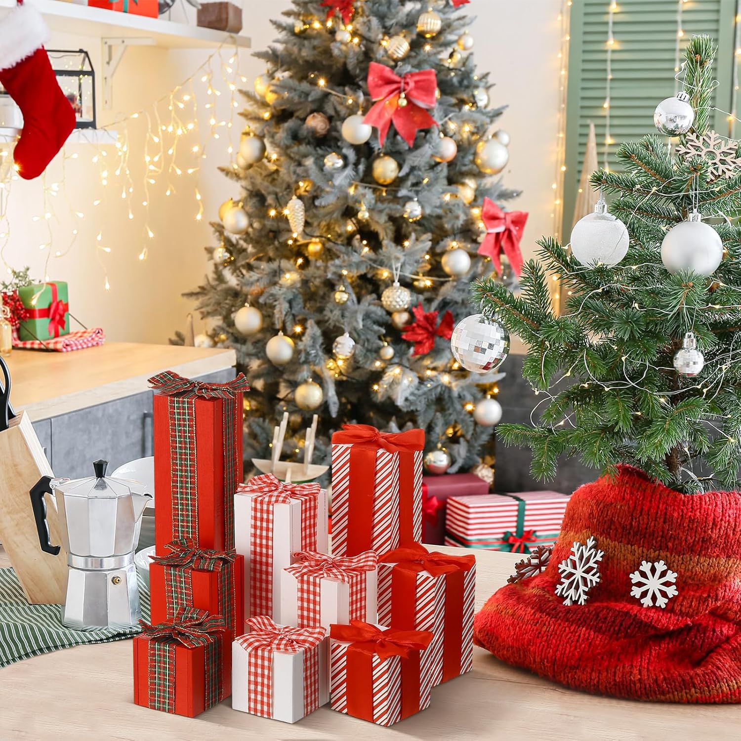 Namalu Juego de 9 piezas de 3 piezas de madera rústica de Navidad, bloques de madera sintética, centros de mesa de Navidad para mesas, decoración de