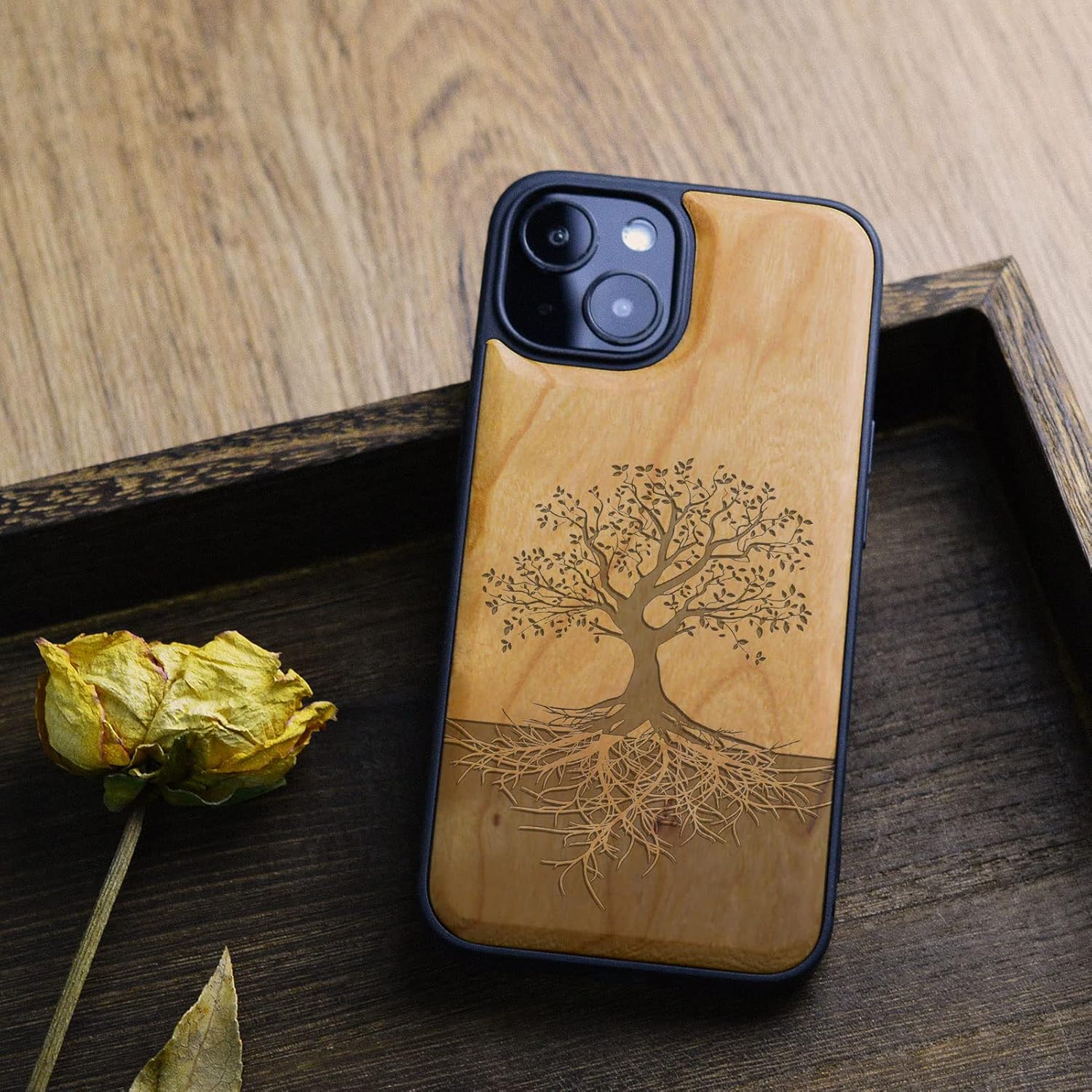 Carveit Funda magnética de madera para iPhone 13 Mini, madera real dura y TPU suave negro, a prueba de golpes, funda de madera única y elegante