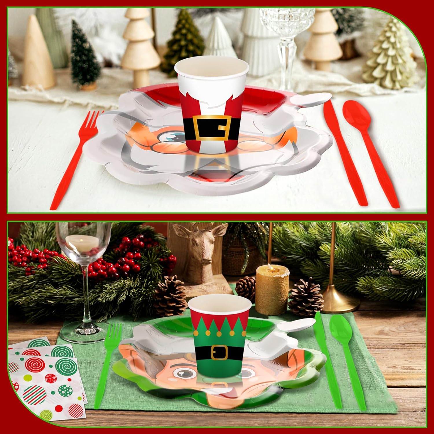 Juego de vajilla desechable de 350 piezas de Navidad, sirve 50, platos de papel de elfo de Papá Noel, servilletas lindas, tazas de cinturón de Papá