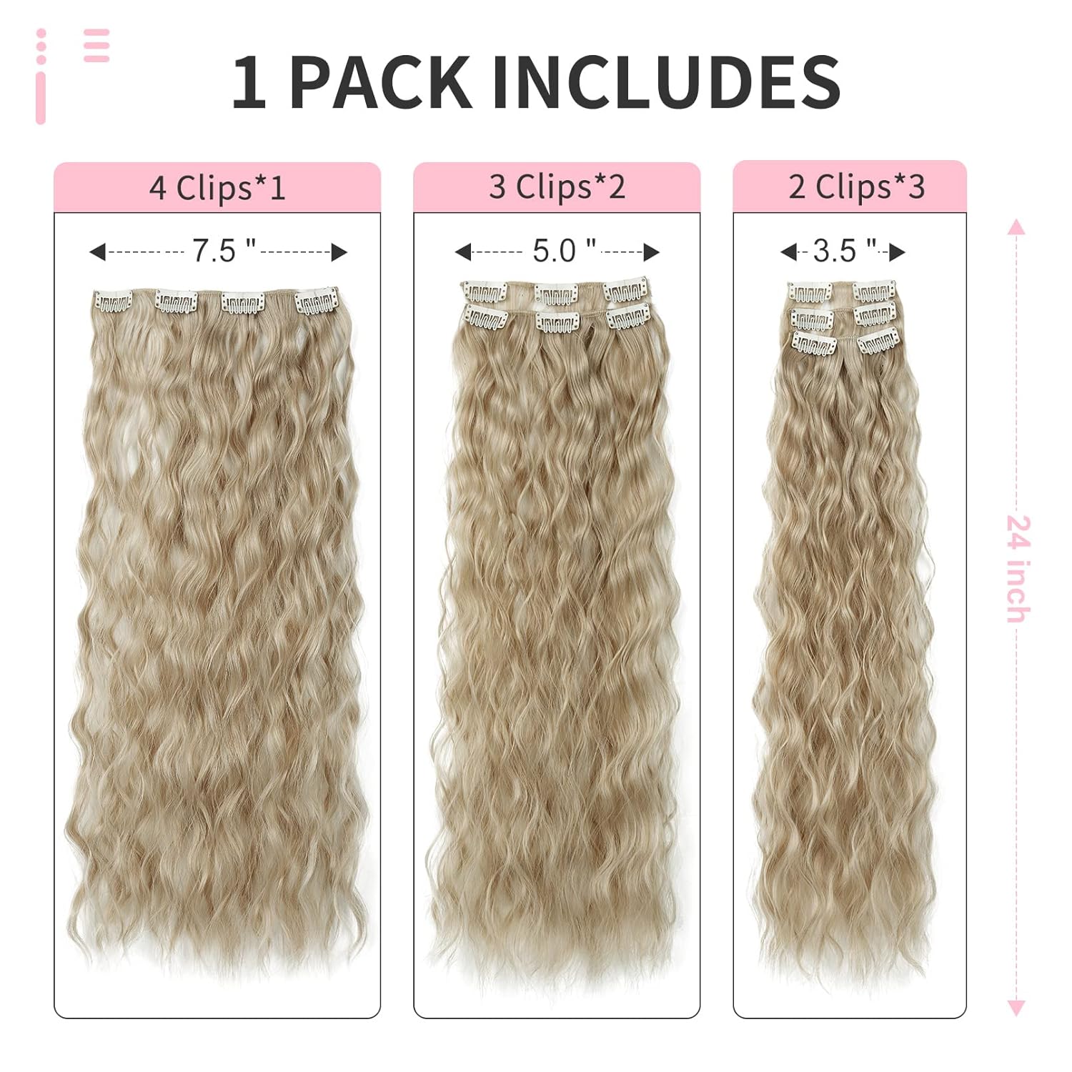 FLUFYMOOZ Extensiones de cabello con pinzas, extensiones de cabello sintético ondulado con clip, 6 unidades, para mujer, 24 pulgadas (rubio ceniza