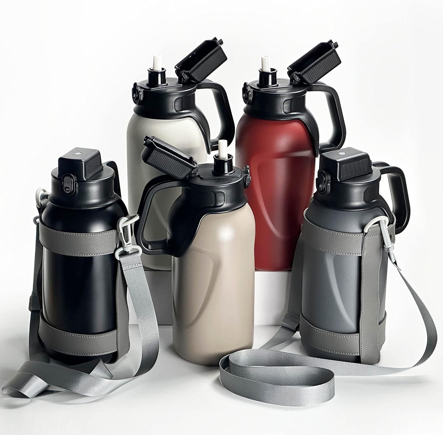 Botellas de agua para deportes al aire libre con doble pared de acero inoxidable de 46 onzas, 1.3 L, con aislamiento de boca ancha, popote y funda