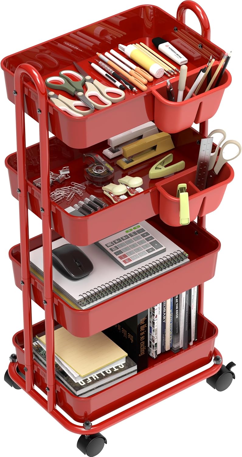 SimpleHouseware – Carrito utilitario multifuncional de 4 niveles con divisores de cesta y cubos colgantes, color rojo