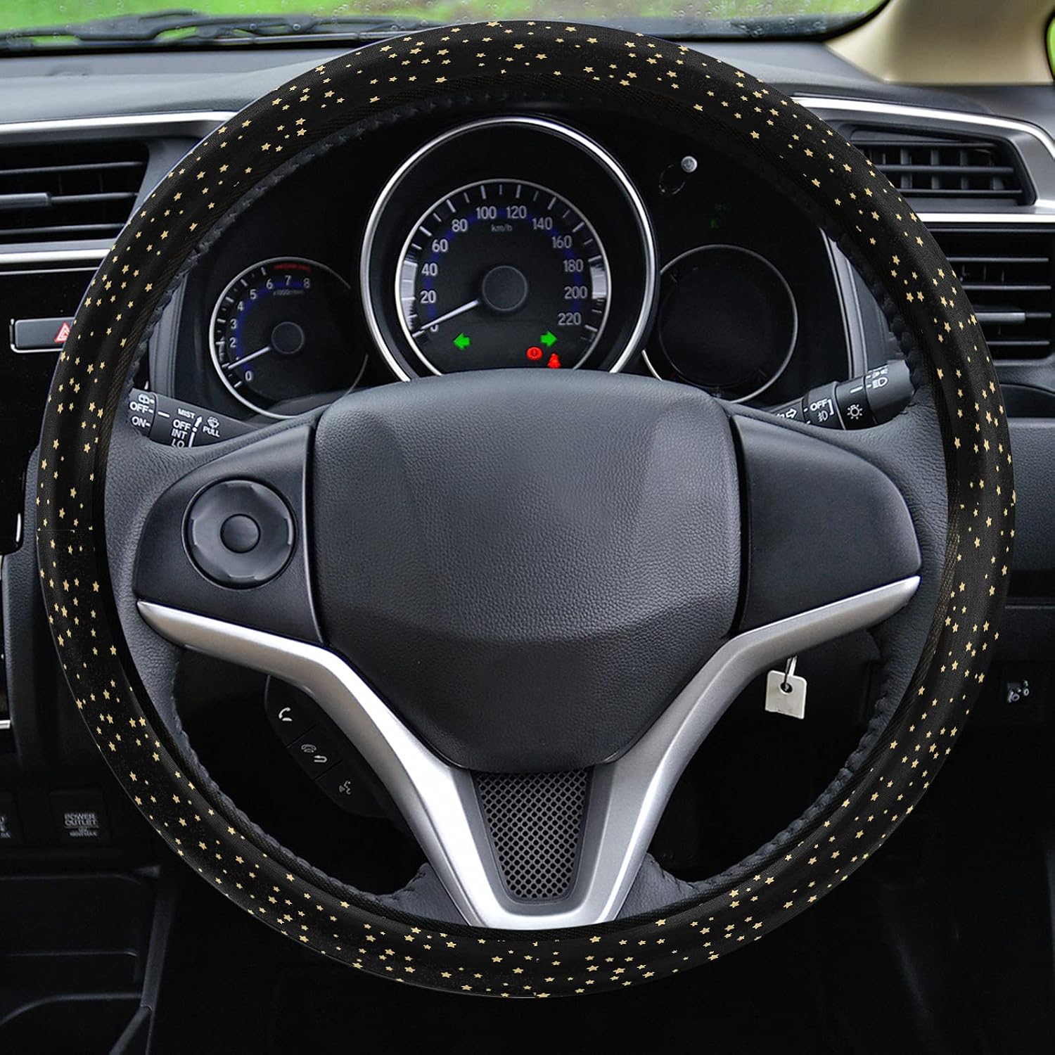 Funda para volante de automóvil, diseño de estrellas pequeñas y doradas, color negro, elástica, esponja, protectora, para vehículos, camiones, SUV,