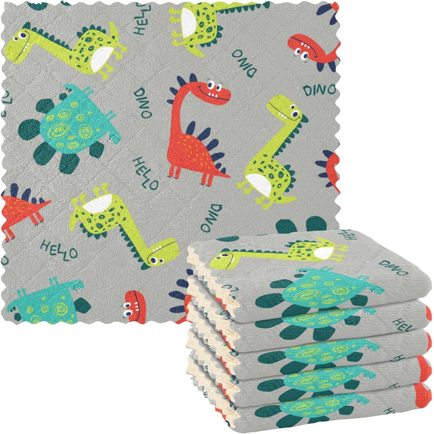 Cute Dinosaur Colorful Soft Print Kitchen Microfiber Towels Absorbent 6 Pack Cooking Towels for Restaurant Table