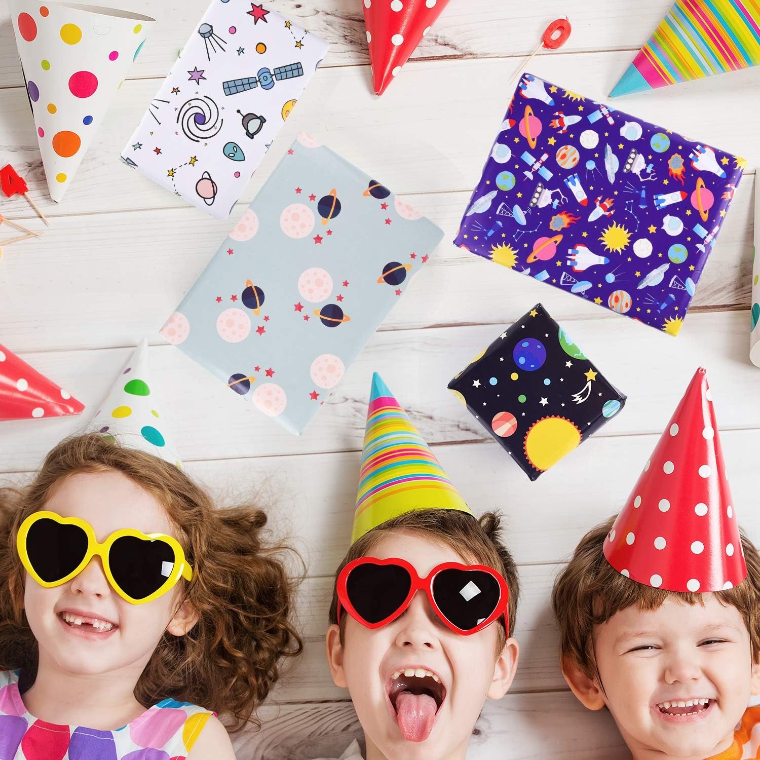 PLULON 6 hojas de papel de regalo de cumpleaños, diseño del espacio exterior para niños, regalo de fiesta de cumpleaños y baby shower