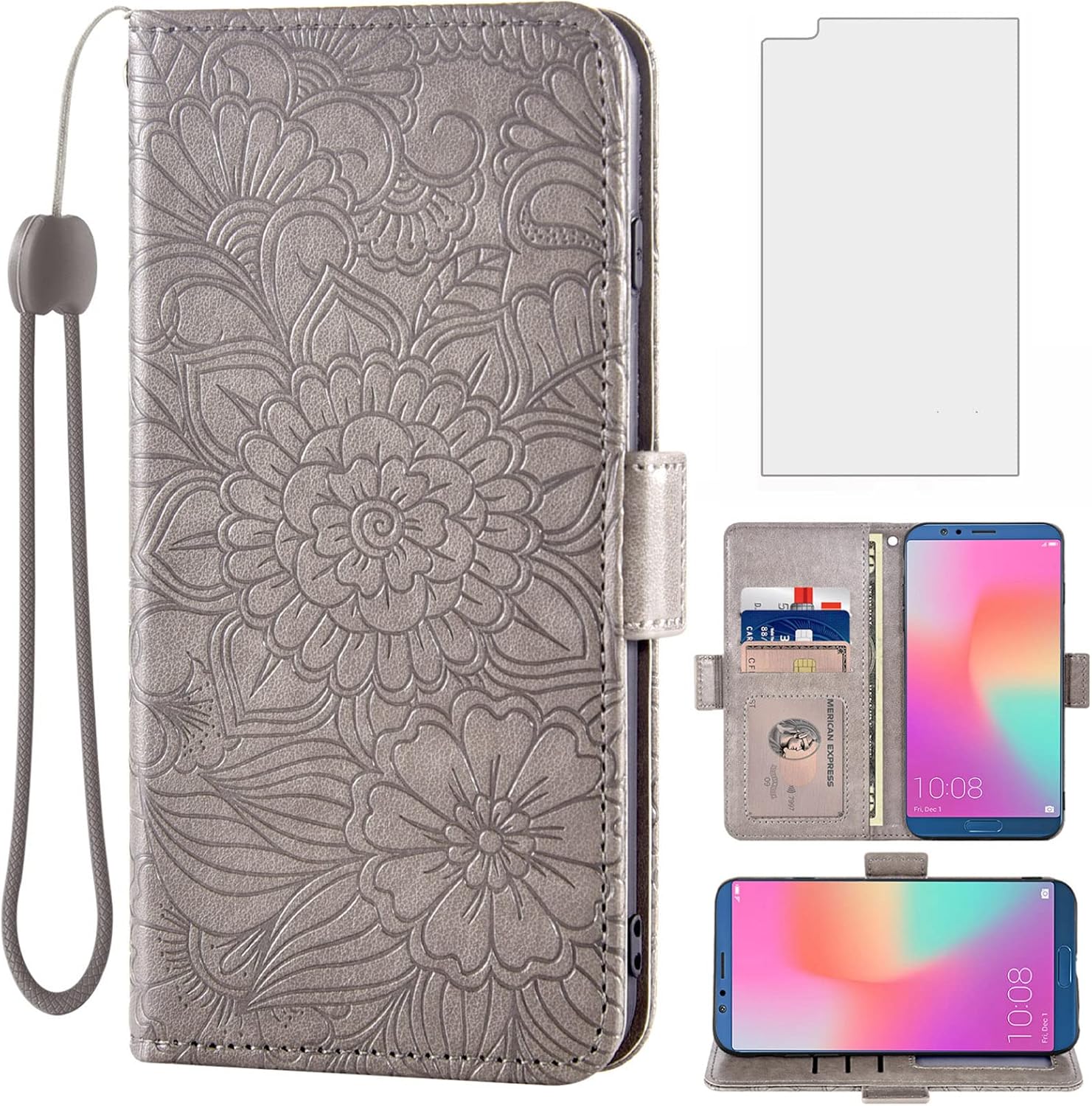 Asuwish Compatible con Huawei Honor View 10V10 – Funda tipo cartera y protector de pantalla de vidrio templado, soporte magnético de cuero con tapa