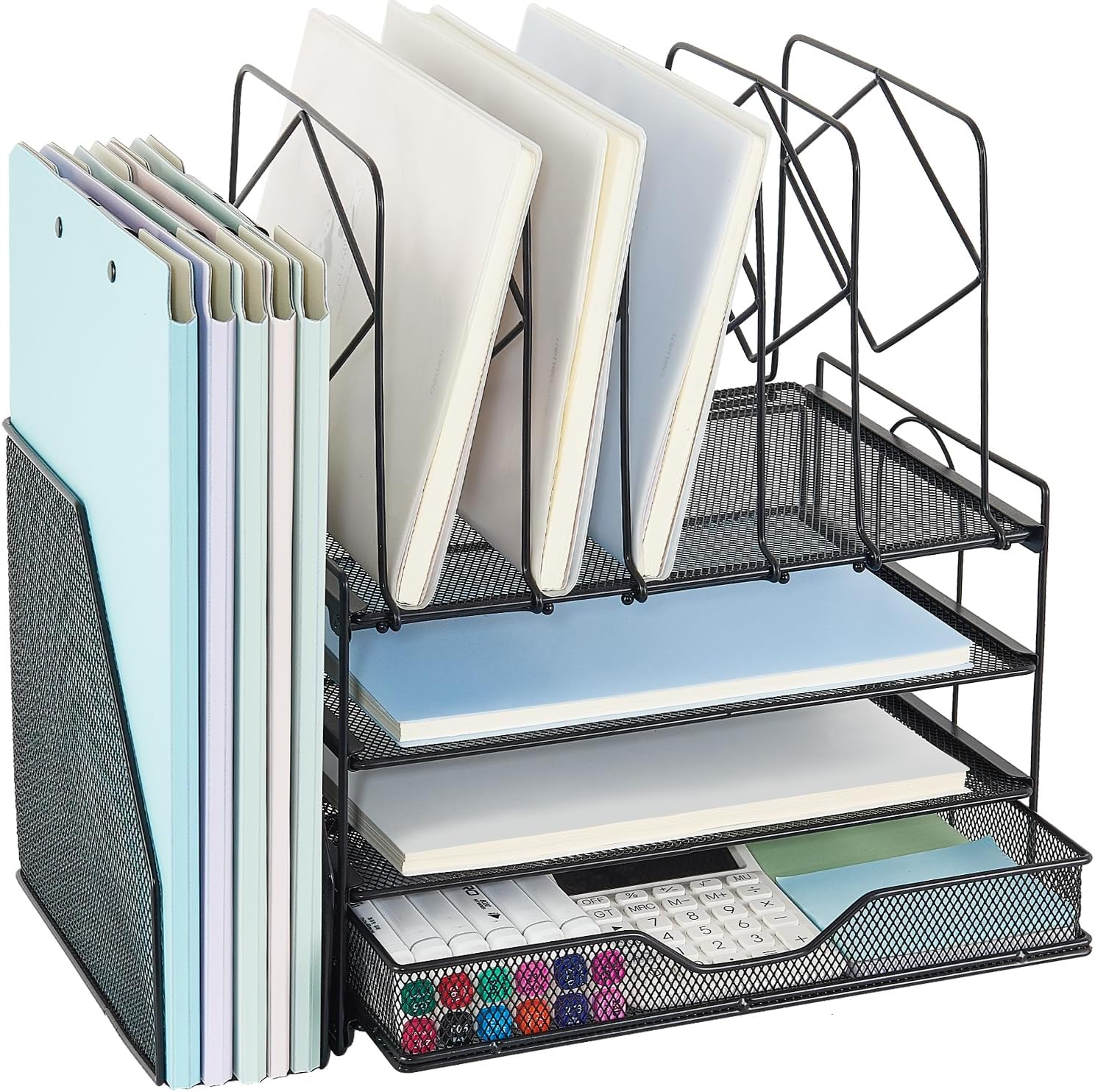 Spacrea Desk Organizers and Accessories, 4-Tier Letter Trays Paper Organizer with File Holder and Drawer, File Organizer for Home Office Supplies