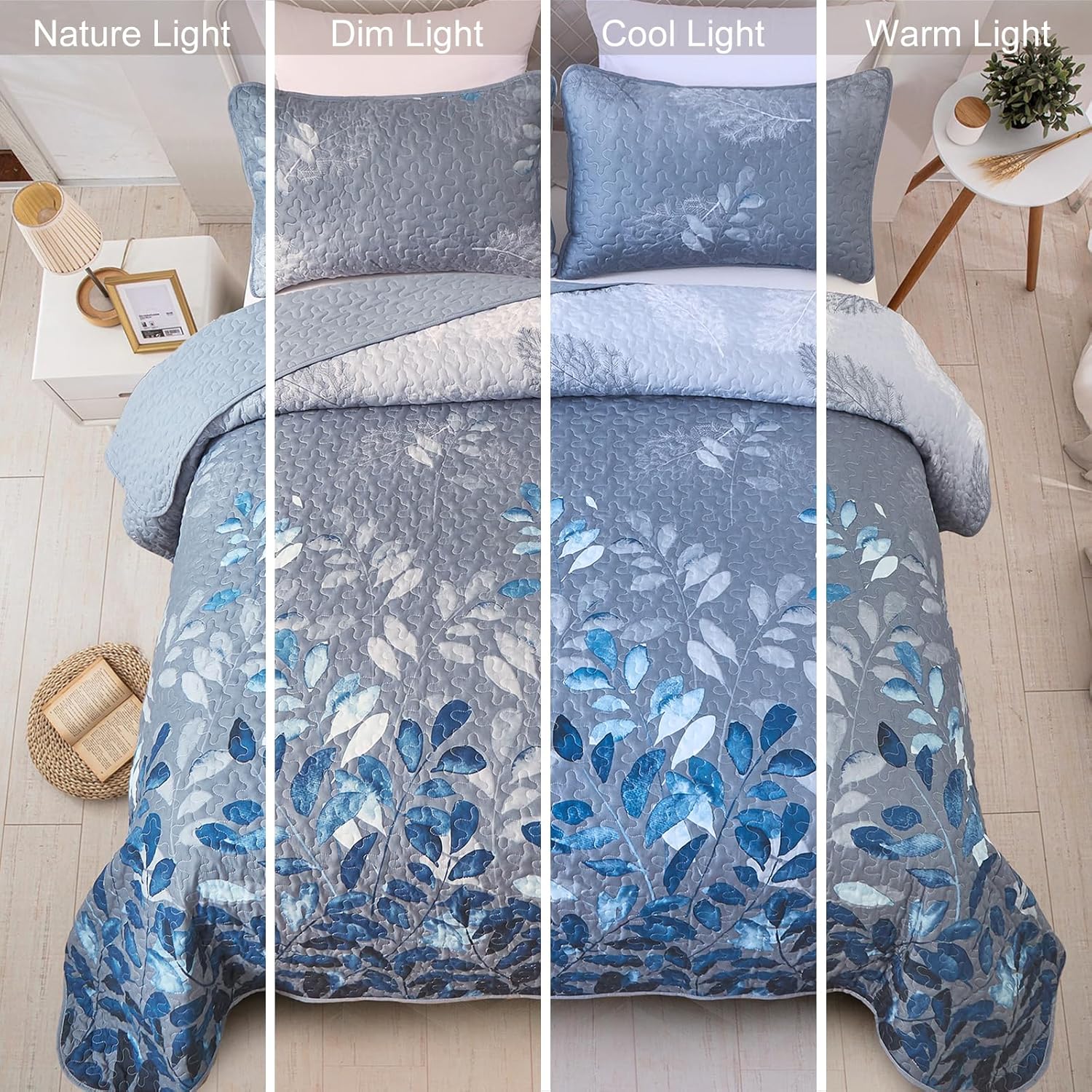 WONGS BEDDING Juego de edredón floral azul California King, juego de colcha de 3 piezas con hojas botancales con 2 fundas de almohada para todas las