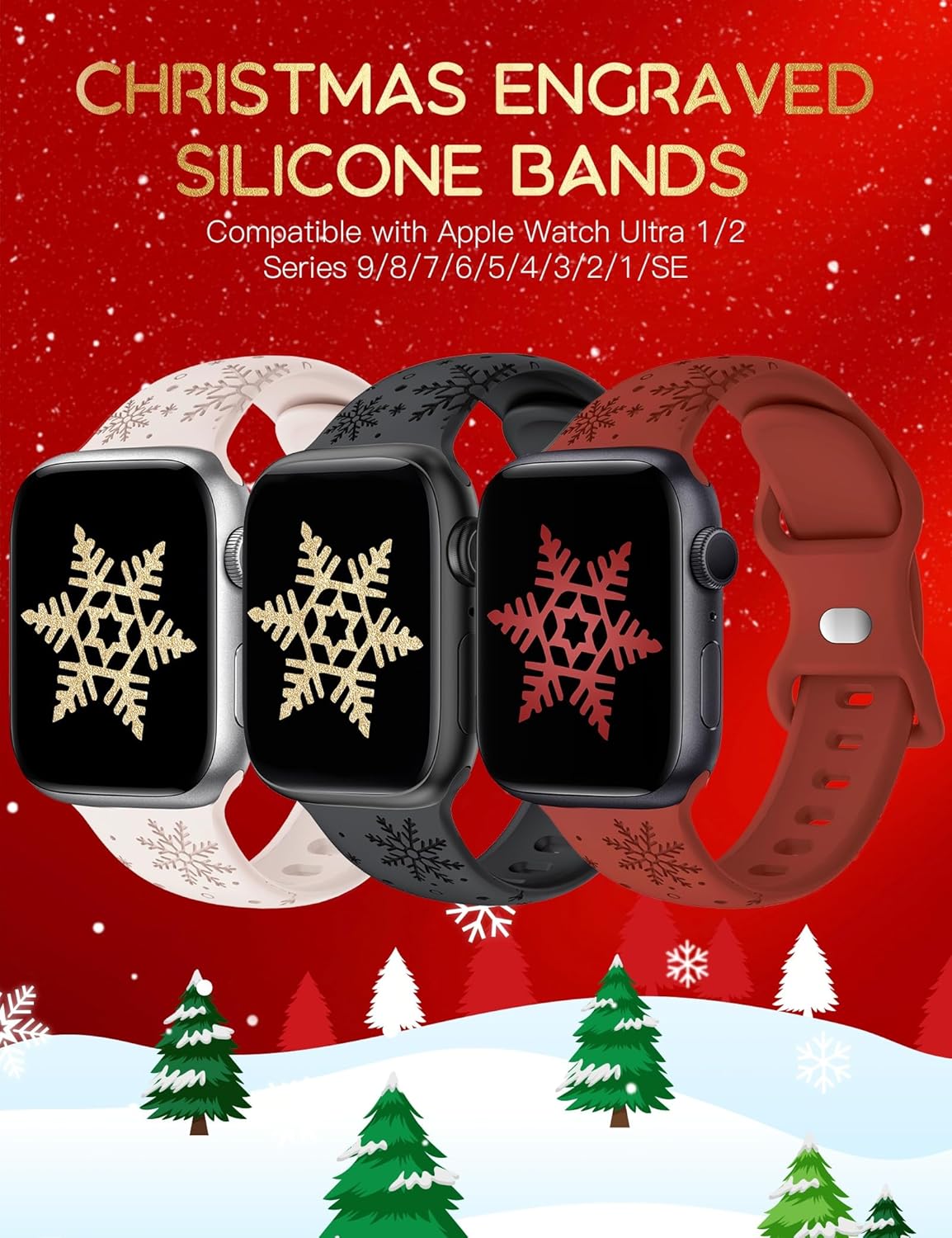 Wearlizer Paquete de 3 bandas grabadas con copos de nieve compatibles con Apple Watch Band de 41401.496 in 4544421.929 in para mujer, correa