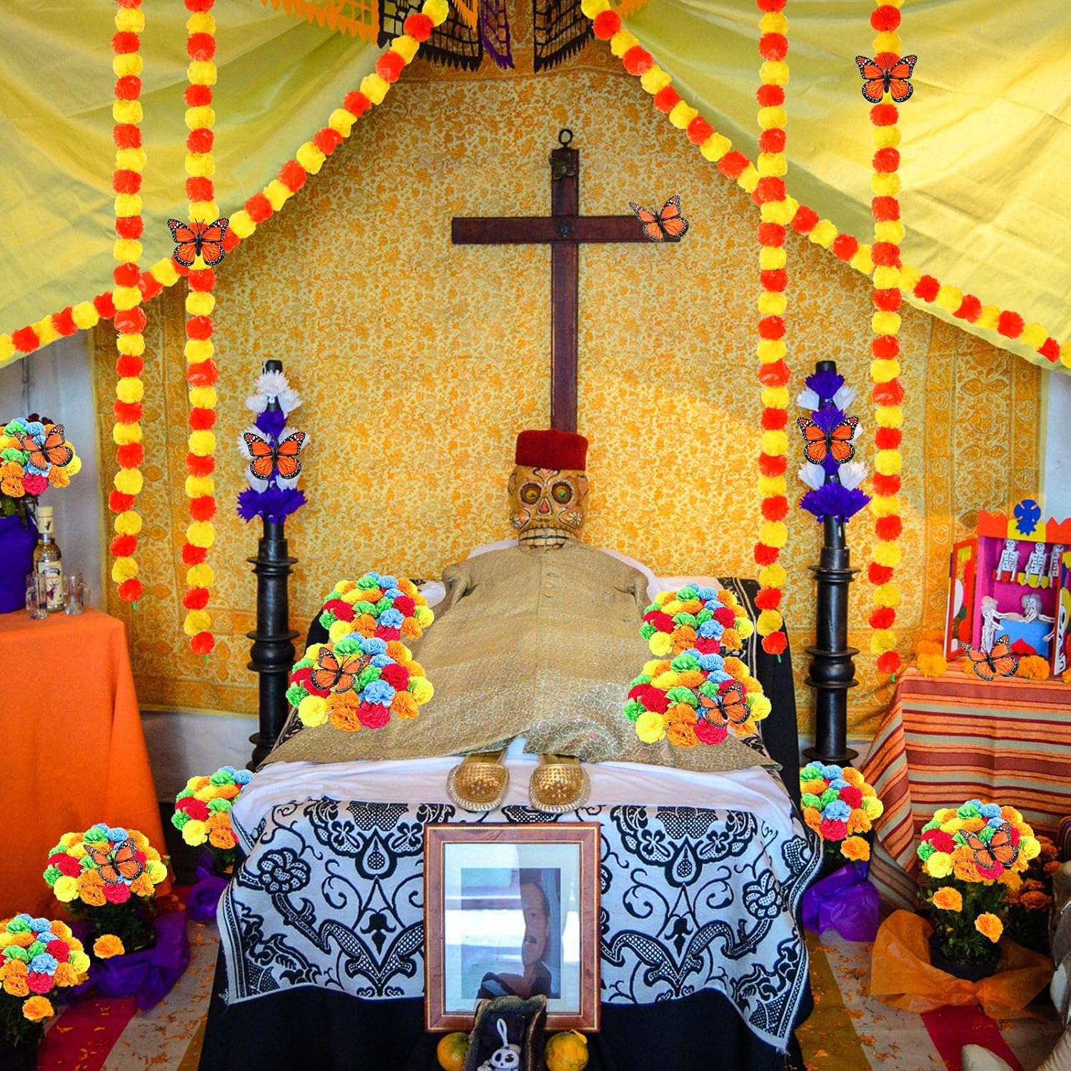 100 piezas de decoración del Día de los Muertos, flores artificiales de caléndula de seda con tallos, mariposas monarca falsas para Diwali Dia De