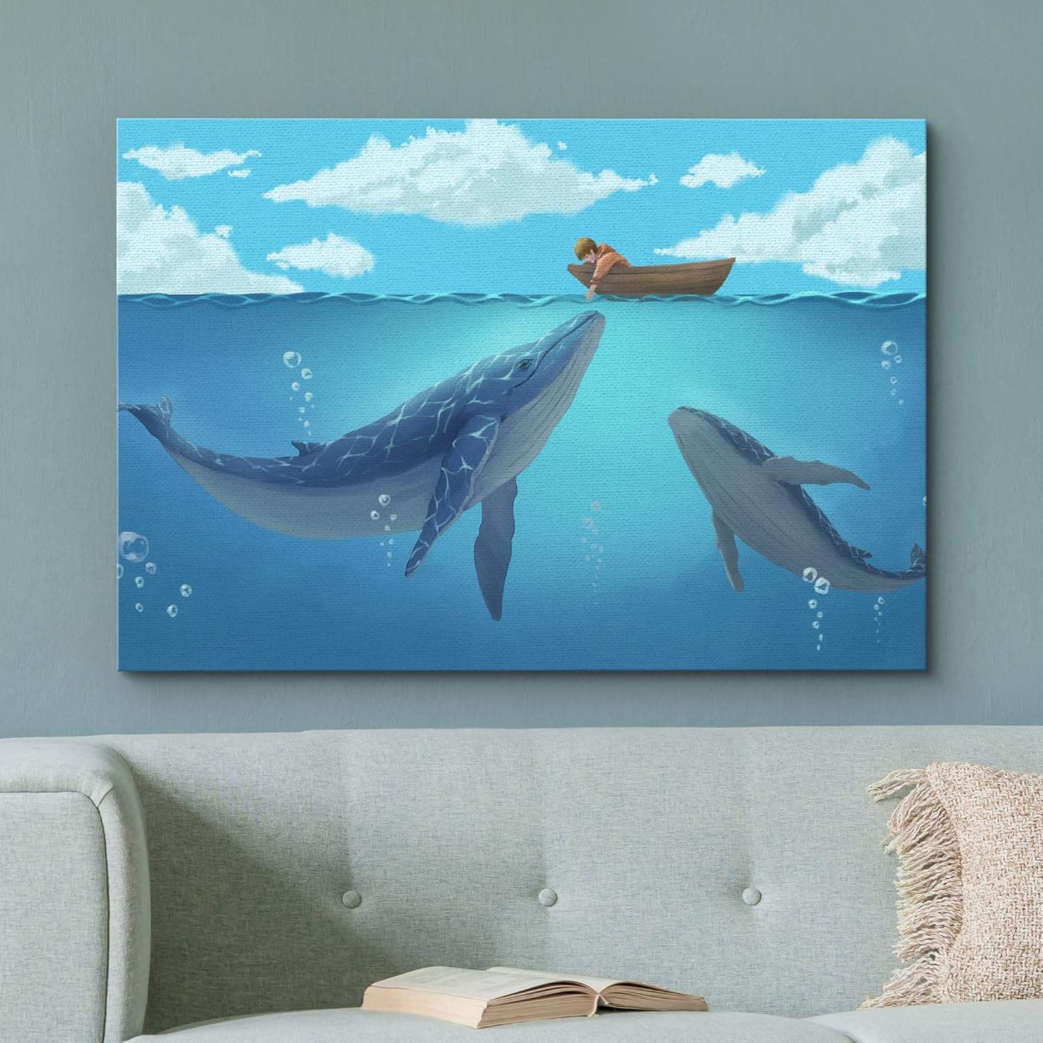 Dibujo a mano estilo niño místico en el barco en el océano con ballenas azules Galería 16 x 24 pulgadas