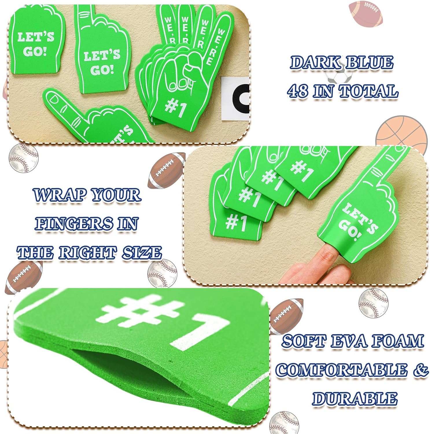 48 piezas de juguetes deportivos para fanáticos de los deportes, mini dedo de espuma #1 para baloncesto, béisbol, fútbol, equipo de animadora,