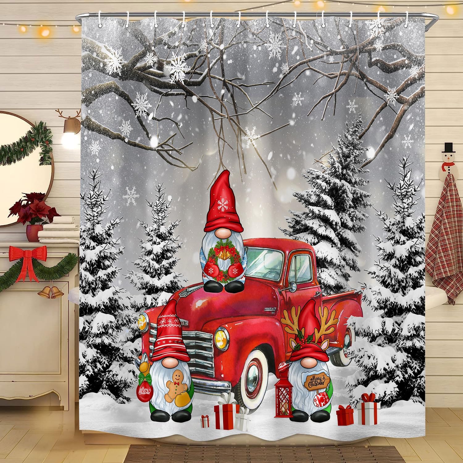 Cortina de ducha de Navidad de granja, camión de Navidad rojo granja, árbol de Navidad, lindo gnomo, bosque de invierno, decoración de baño, tela