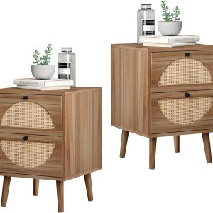 ORRD Juego de 2 mesitas de noche de ratán con cajones de almacenamiento, mesa auxiliar de madera para decoración del hogar para sala de estar, ORRD Juego de 2 mesitas de noche de ratán con cajones de almacenamiento, mesa auxiliar de madera para decoración del hogar para sala de estar,