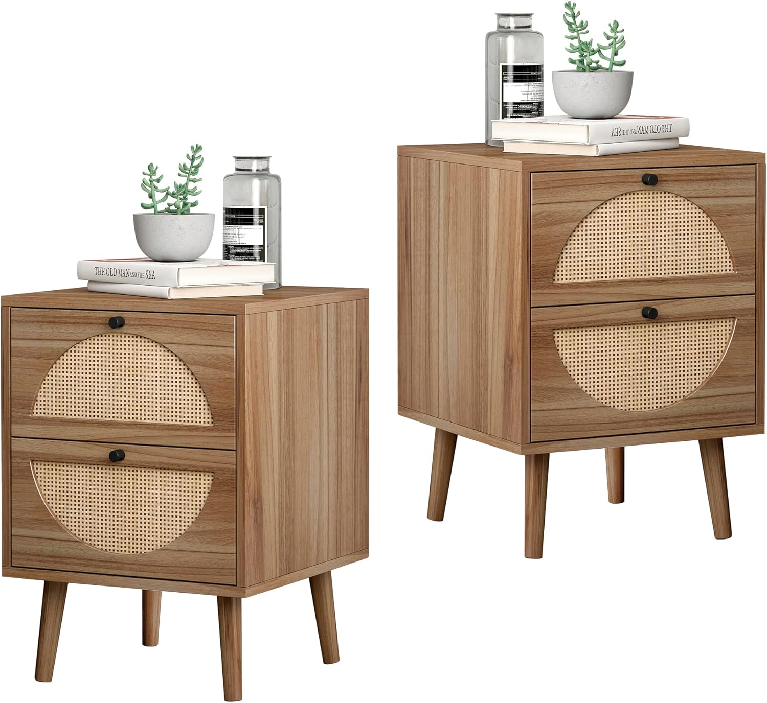ORRD Juego de 2 mesitas de noche de ratán con cajones de almacenamiento, mesa auxiliar de madera para decoración del hogar para sala de estar,