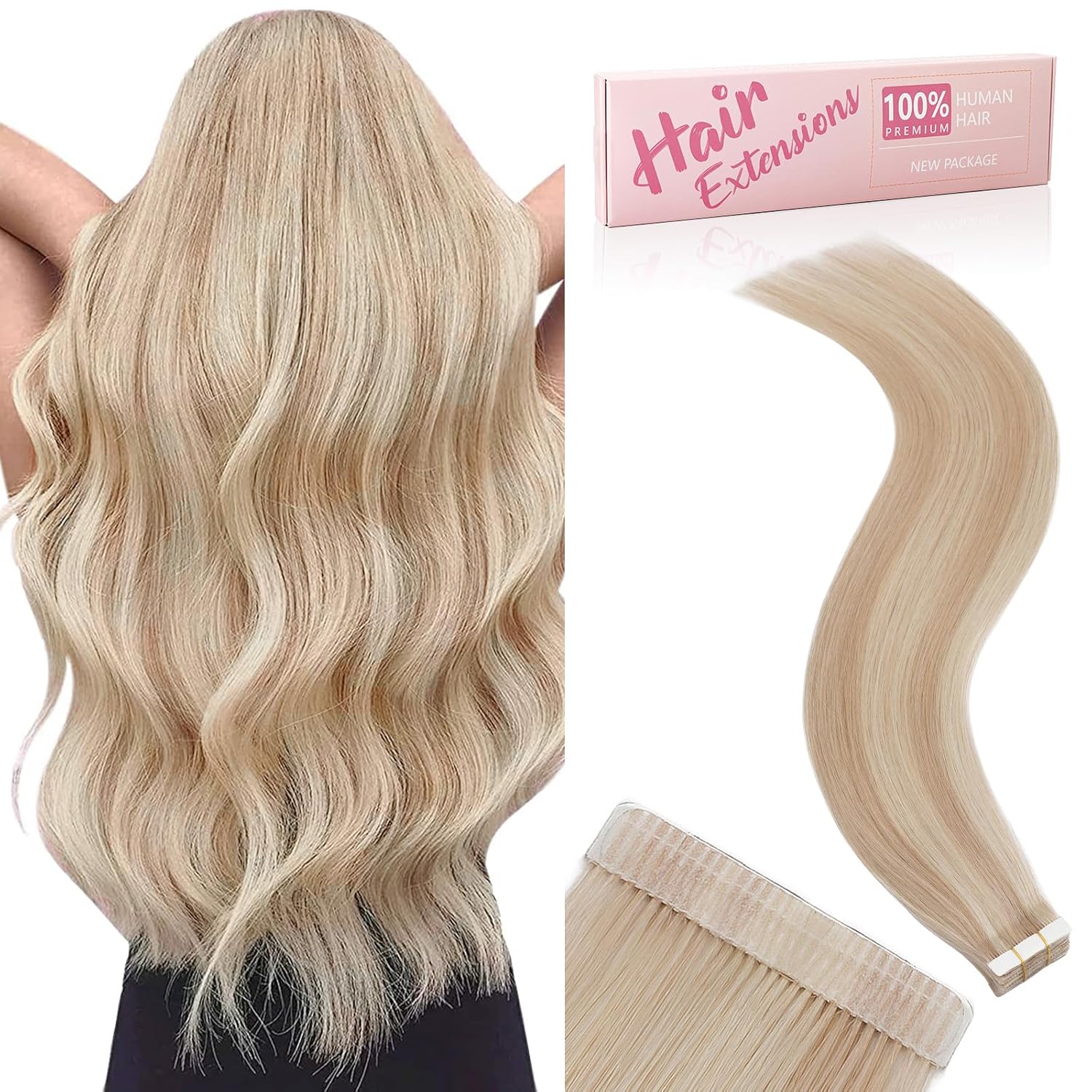 Extensiones de cabello humano con cinta, color rubio claro con reflejos rubio dorado, 20 unidades, 1.76 onzas, extensiones de cabello humano real