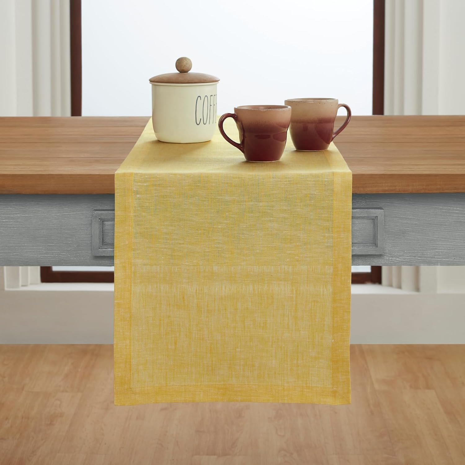 Solino Home – Camino de mesa de lino, amarillo limón cambray, 14 x 120 pulgadas, Athena, lavable a máquina y de 100% lino europeo hecho a mano