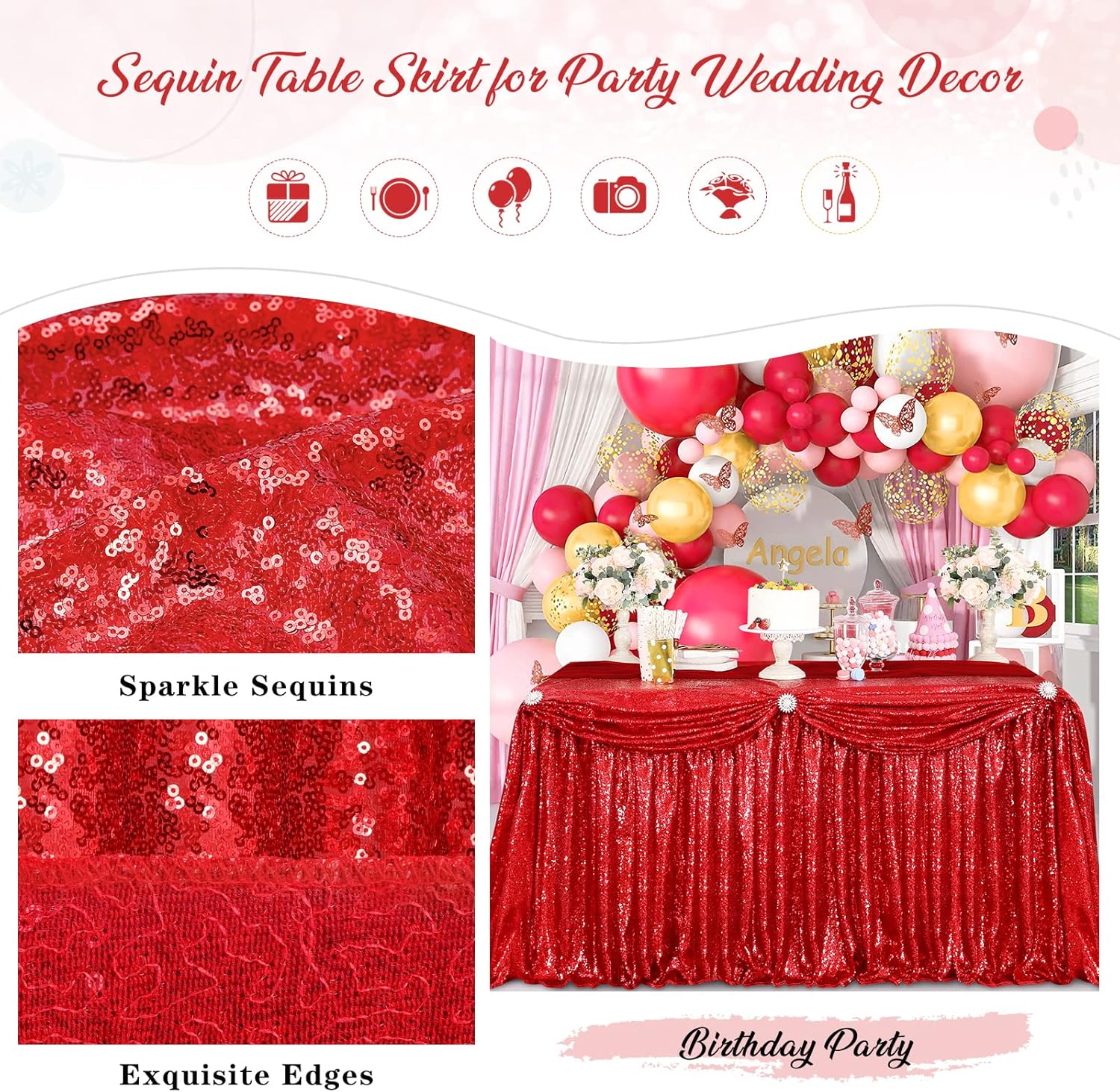 Falda de mesa de lentejuelas rojas de 9 pies para mesa redonda rectangular cuadrada para fiesta, boda, cumpleaños