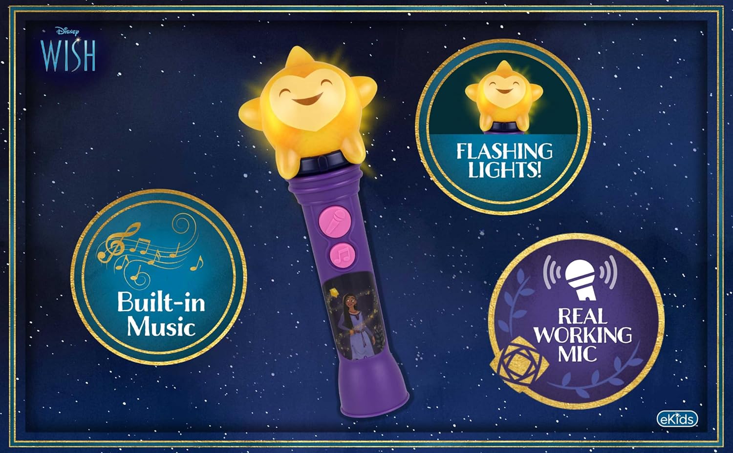 eKids Disney Wish – Micrófono de juguete para niños, juguete musical con música integrada, micrófono para niños diseñado para edades de 3 años en