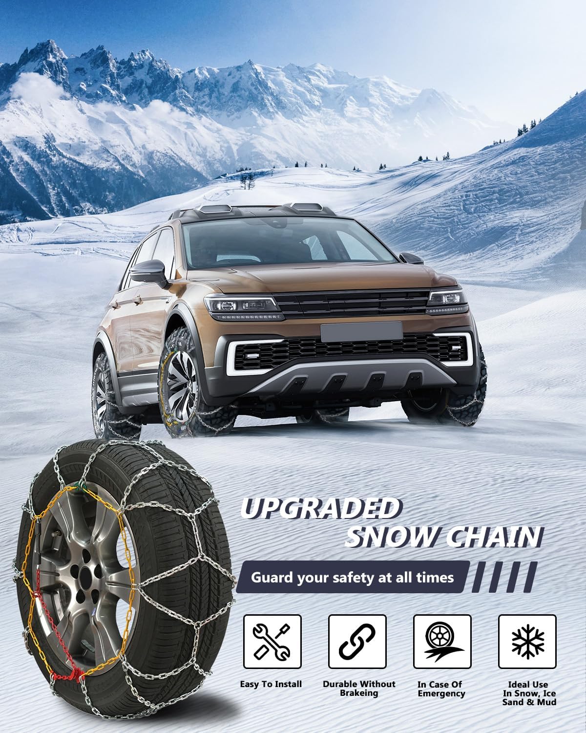 SCITOO Cadenas de nieve KN100 de instalación rápida y fácil, cadena de tracción de neumáticos para automóviles, camionetas, SUV, cadenas universales