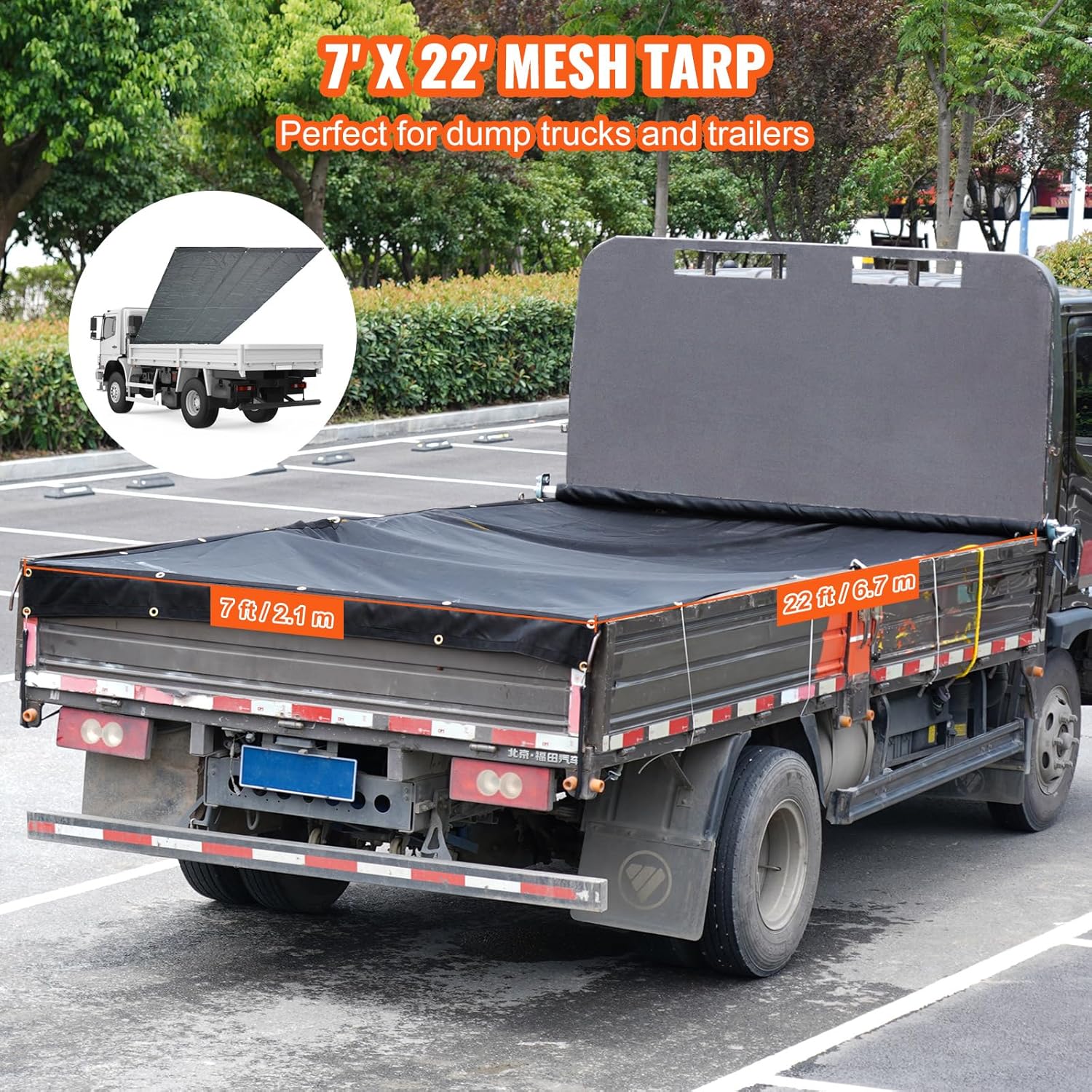 VEVOR Lona de malla para camión volquete, 7 x 22 pies, cubierta de PVC negra resistente con bolsillo doble de 5.5 pulgadas y 18 onzas, ojales de
