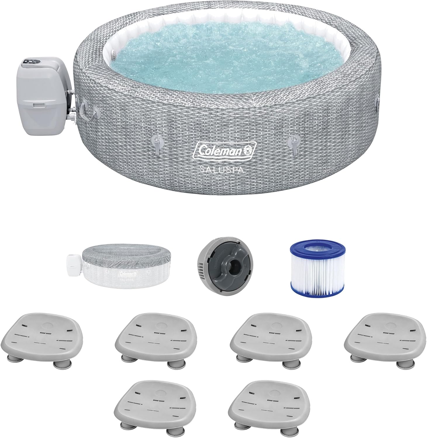 Coleman SaluSpa Sicily AirJet – Bañera de hidromasaje con 180 chorros relajantes con juego de 6 asientos antideslizantes para piscina y spa con