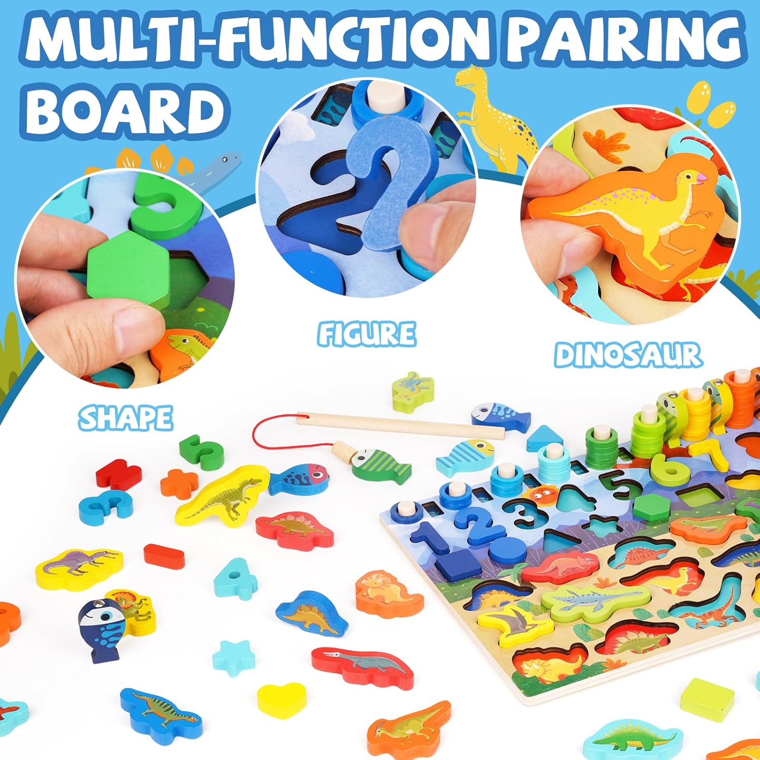Rompecabezas de madera con forma de números de dinosaurios para niños pequeños, dinosaurios Montessori Matemáticas y contar, juego de pesca, tablero