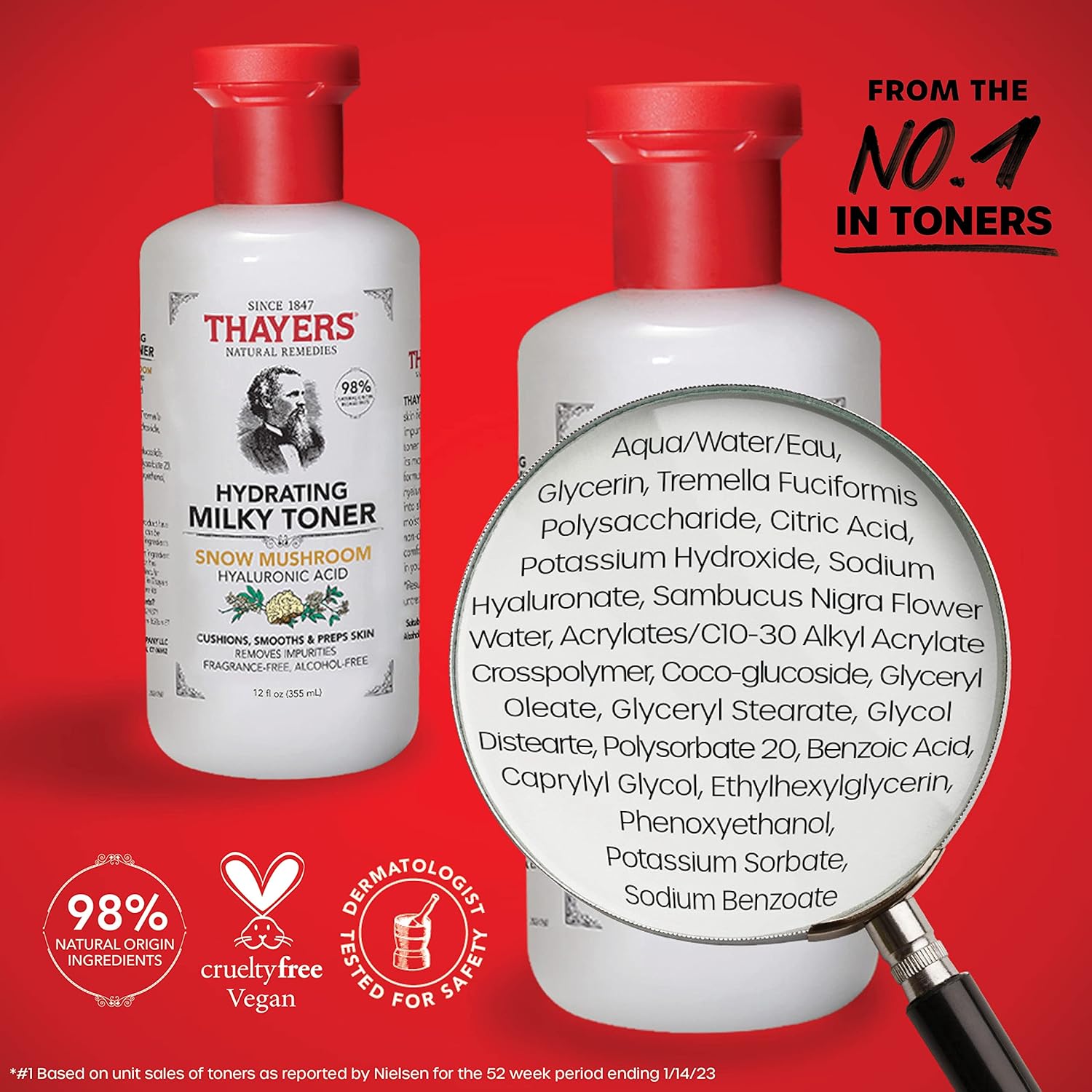 THAYERS Tónico facial lechoso con hongo de nieve y ácido hialurónico, tónico facial suave natural, recomendado por dermatólogos, para piel seca y