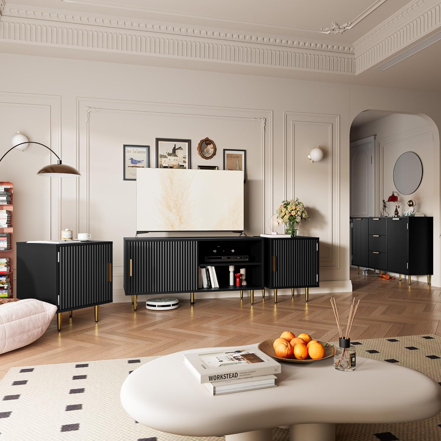Cozy Castle Aparador de buffet de 47.2 pulgadas, gabinete de acento moderno con 3 cajones y 2 puertas, aparador de buffet de cocina con estantes