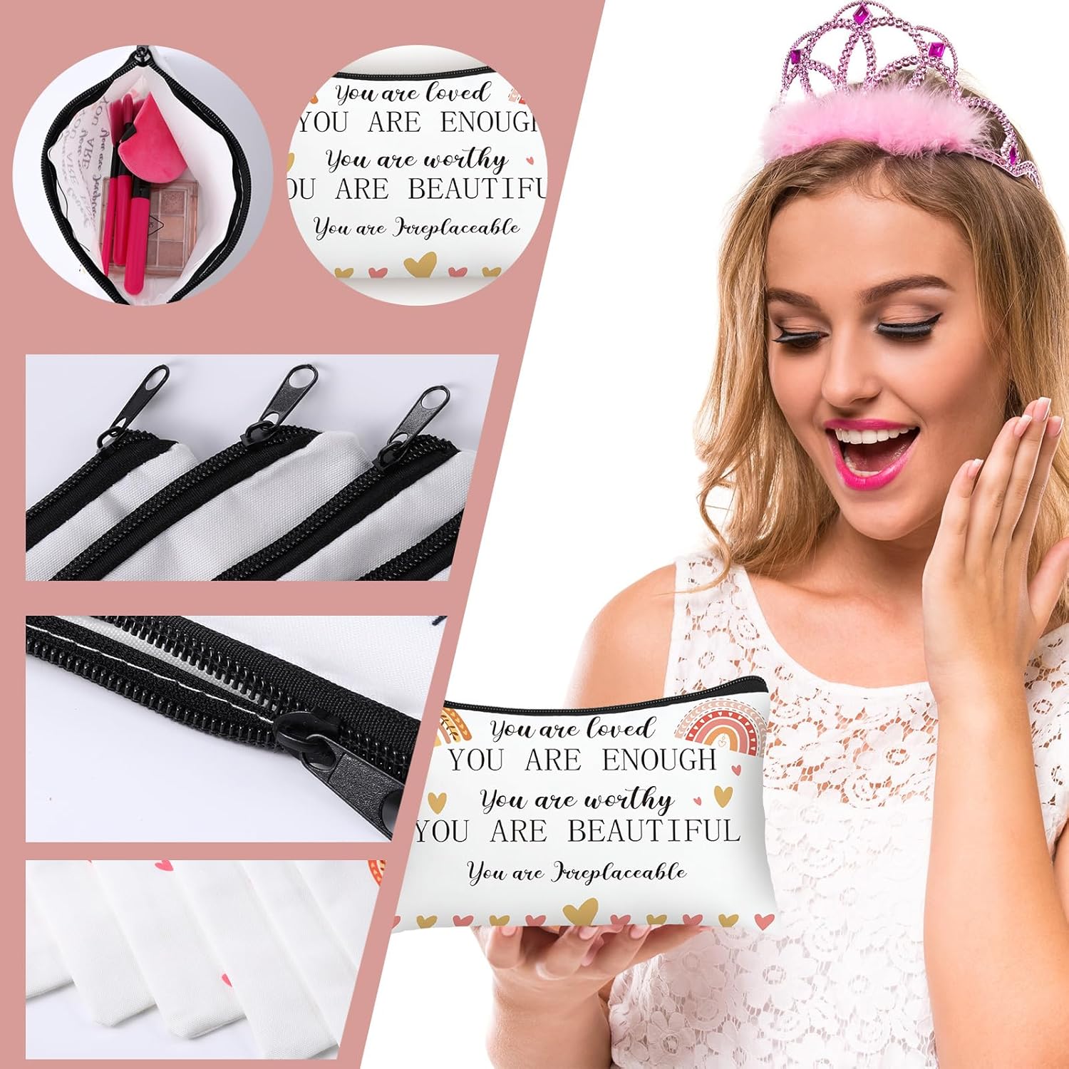 10 bolsas de cosméticos arcoíris con citas inspiradoras, bolsas de maquillaje You Are Enough Worthy Loved Gift Bag Positive Makeup Bag para bolso,