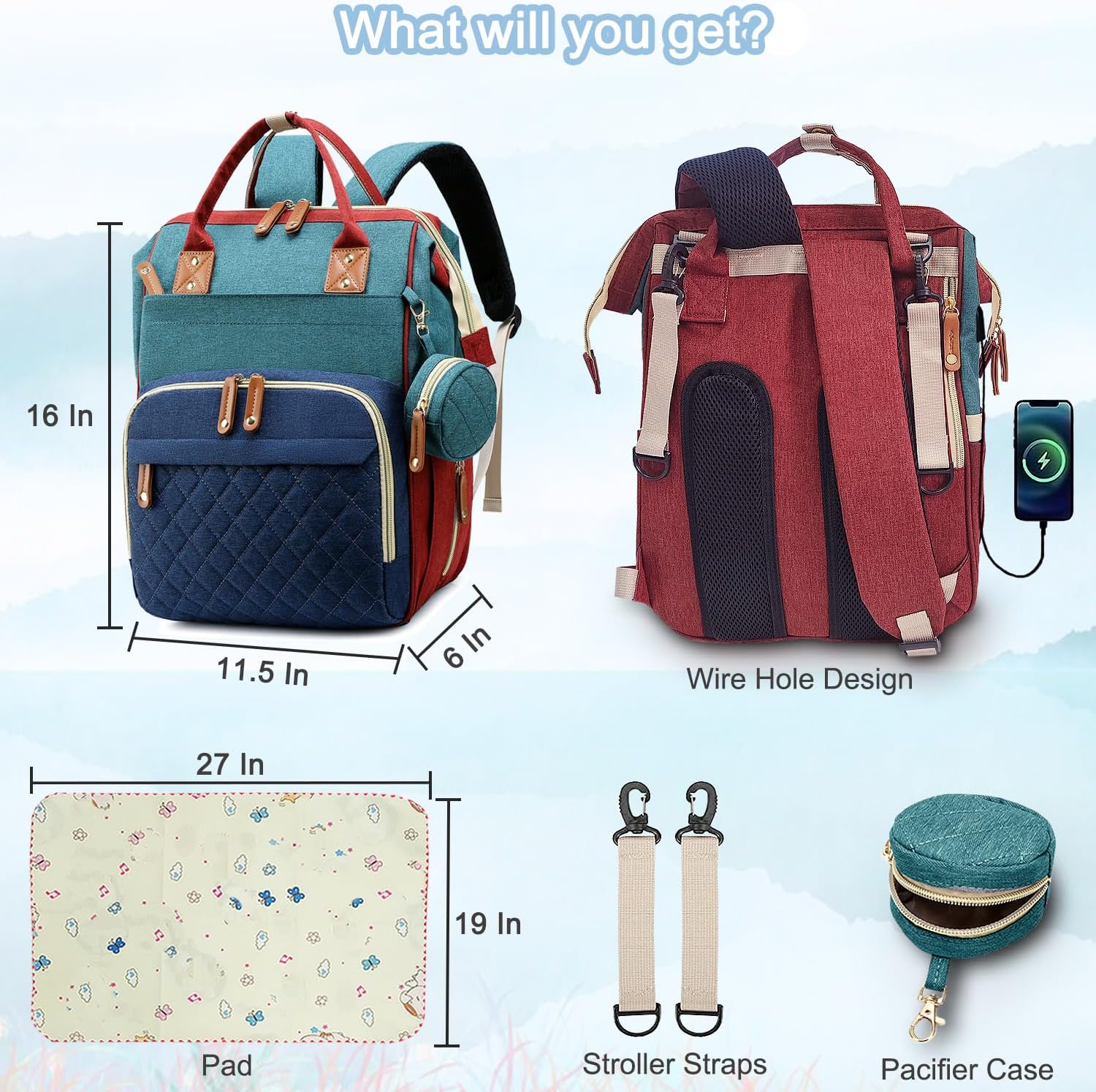 Bolsa de pañales mochila para bebé, bolsa de pañales para papá y mamá con almohadilla, 16 bolsillos, Con color, Compacto